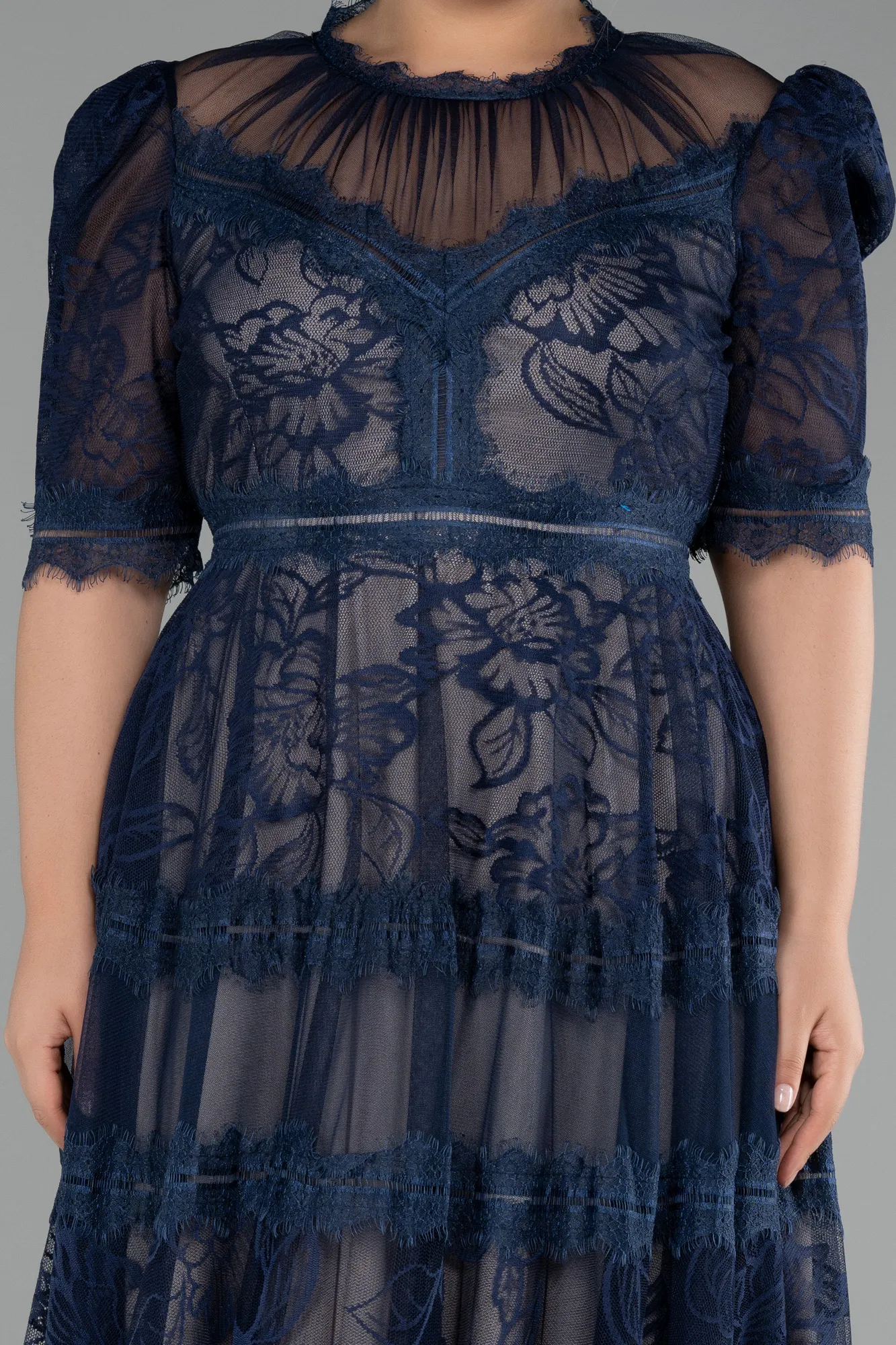 Navy Blue-Midi Dantelle Plus Size Evening Dress ABK1396