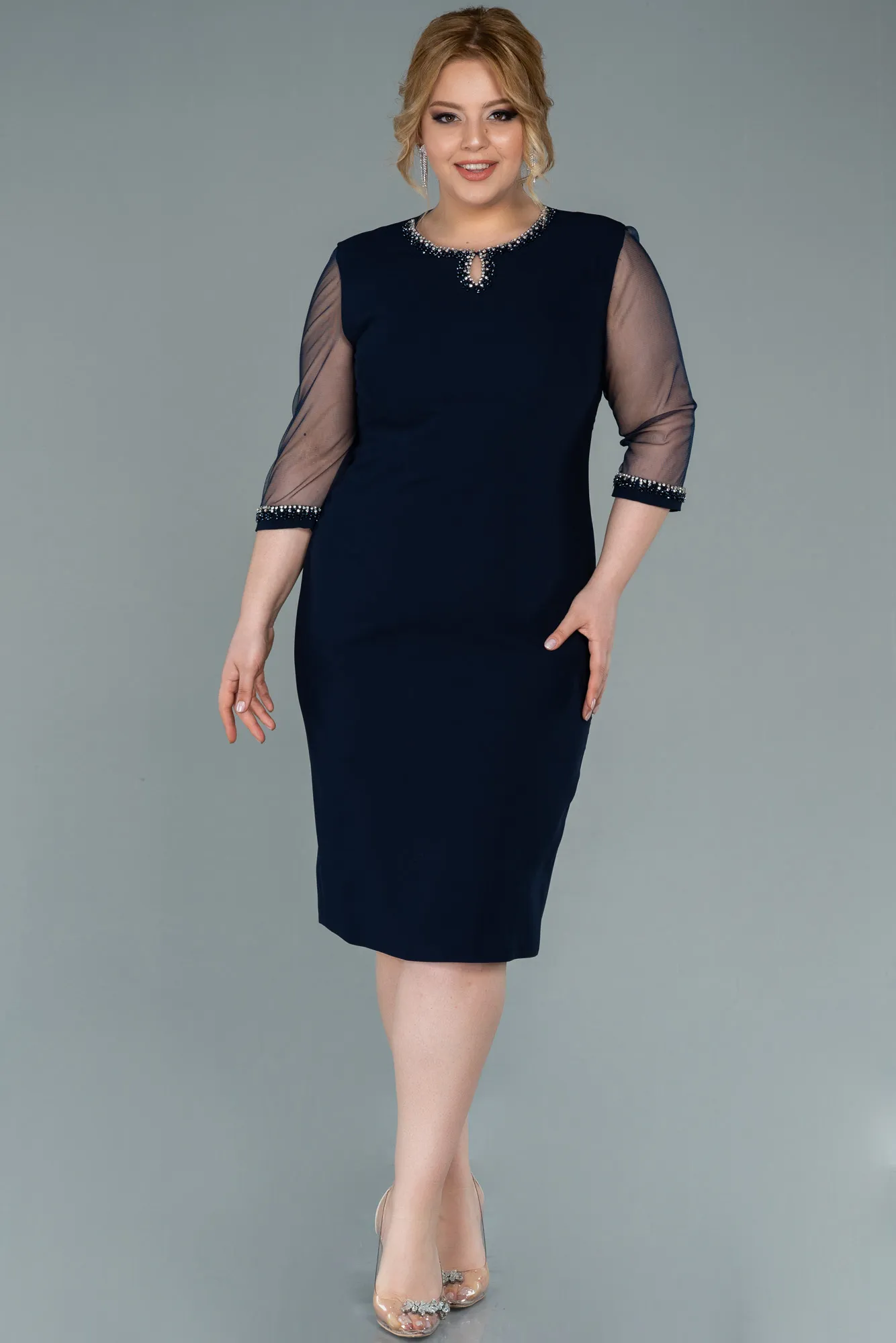 Navy Blue-Midi Plus Size Evening Dress ABK1339