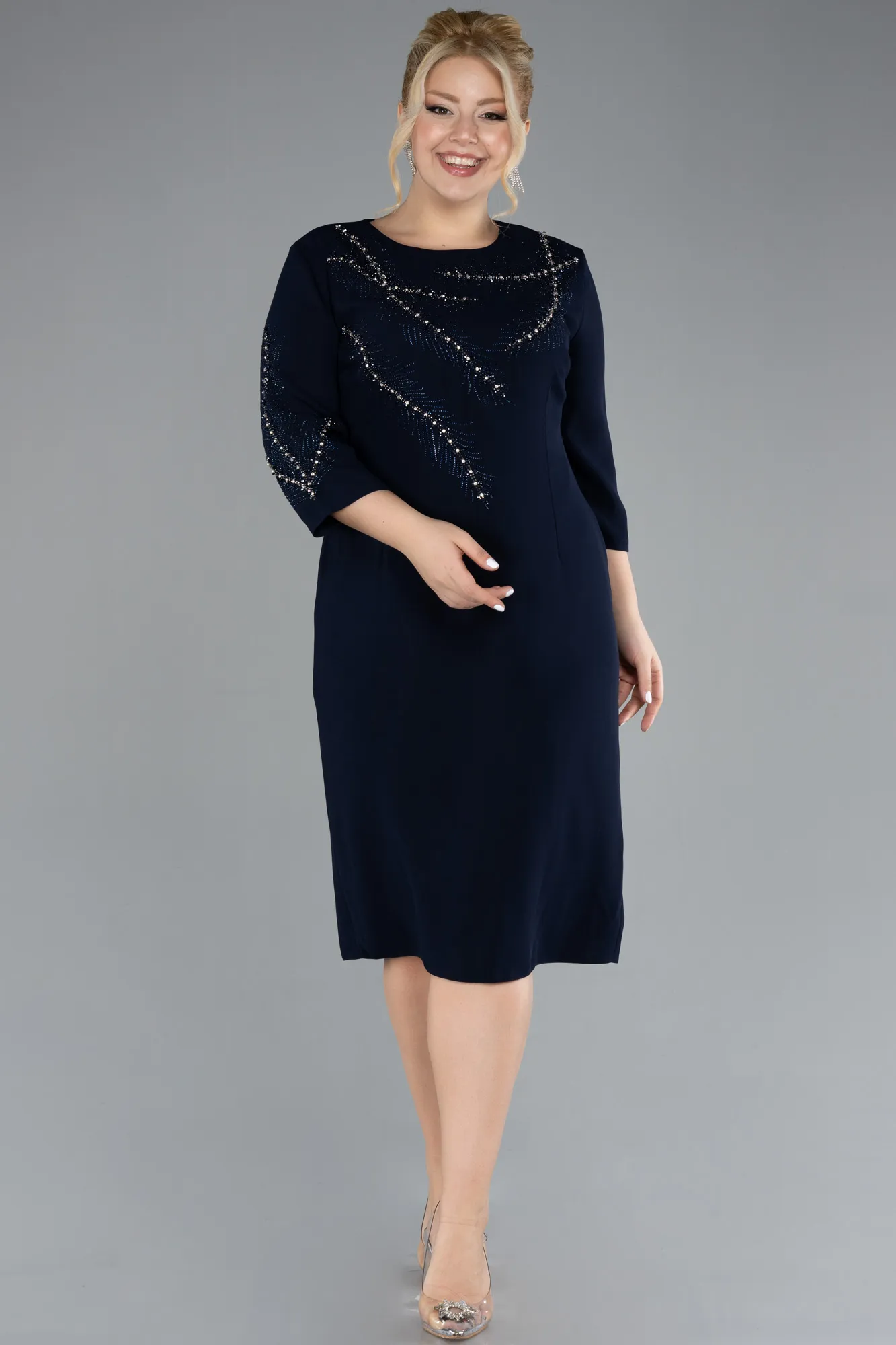 Navy Blue-Midi Plus Size Evening Dress ABK1621