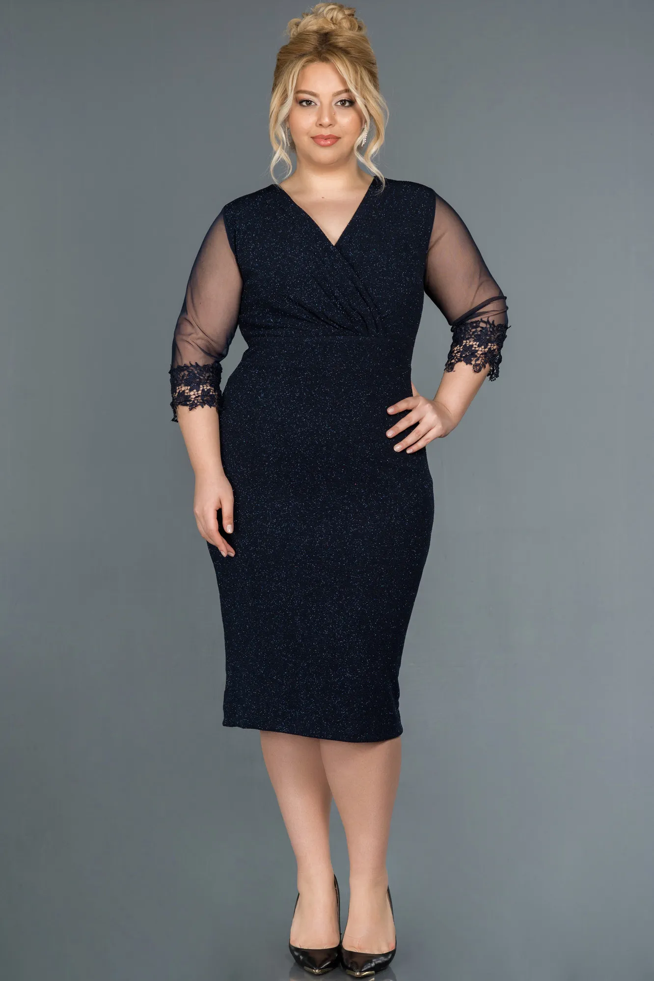 Navy Blue-Midi Plus Size Evening Dress ABK1653