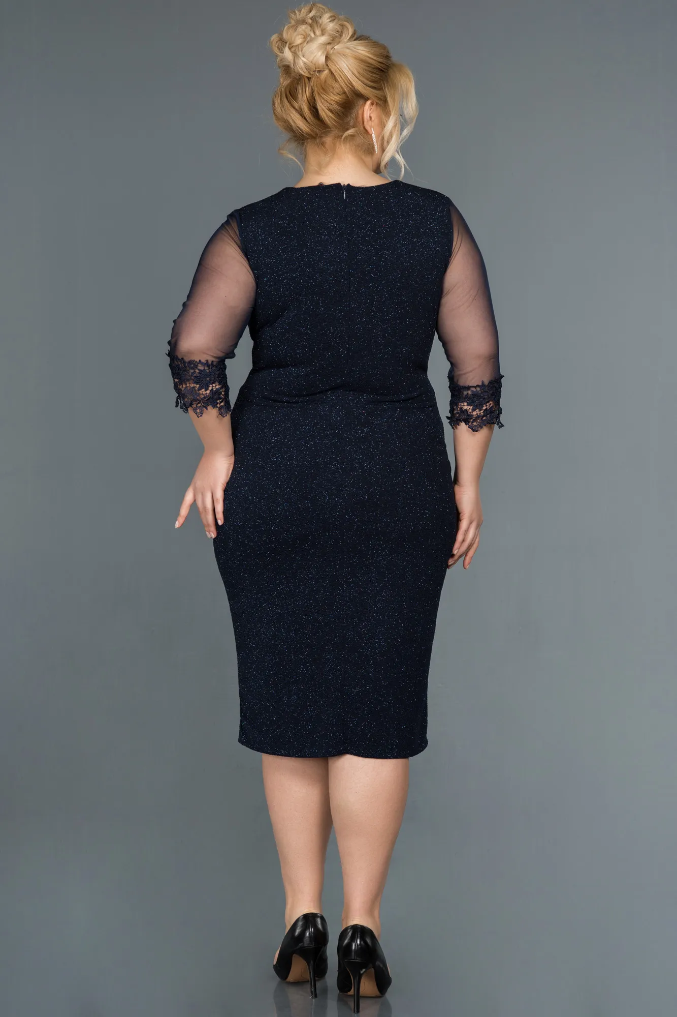 Navy Blue-Midi Plus Size Evening Dress ABK1653