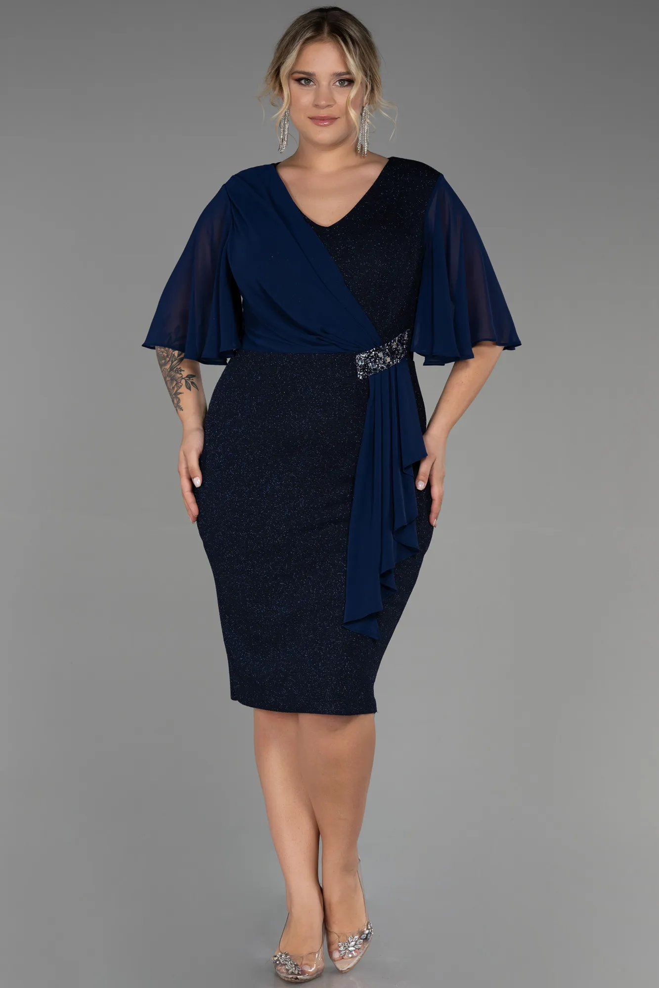 Navy Blue-Midi Plus Size Evening Dress ABK1826