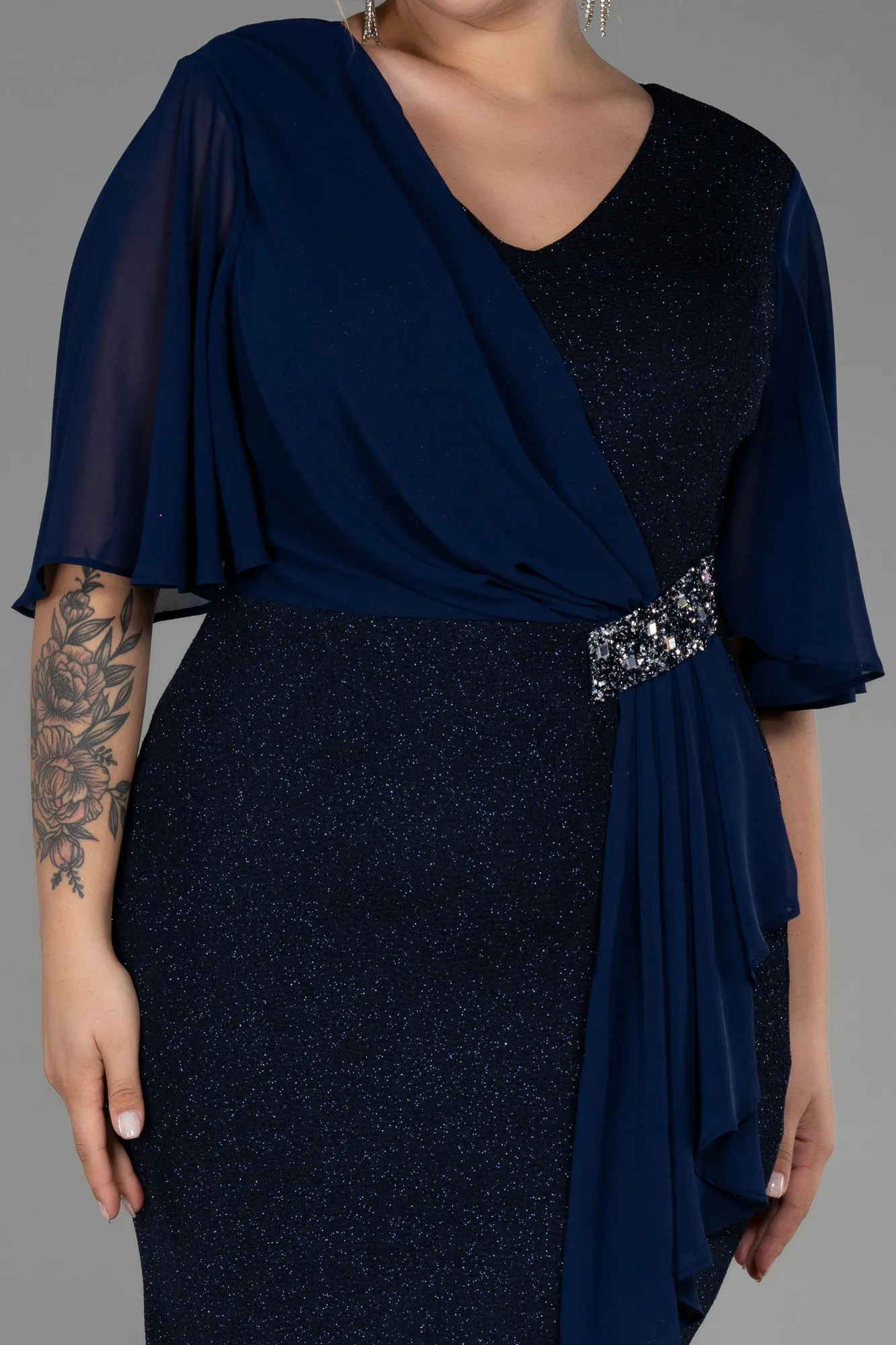 Navy Blue-Midi Plus Size Evening Dress ABK1826