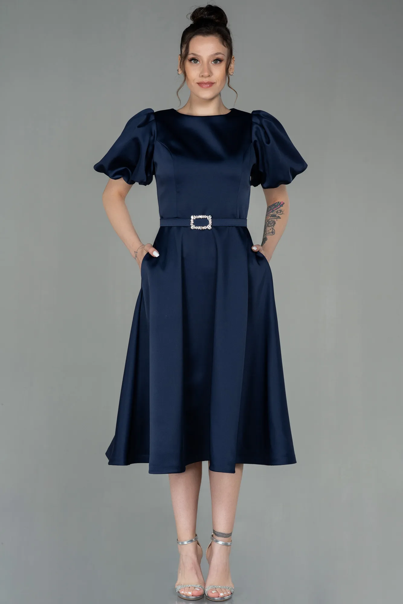 Navy Blue-Midi Satin Invitation Dress ABK1263