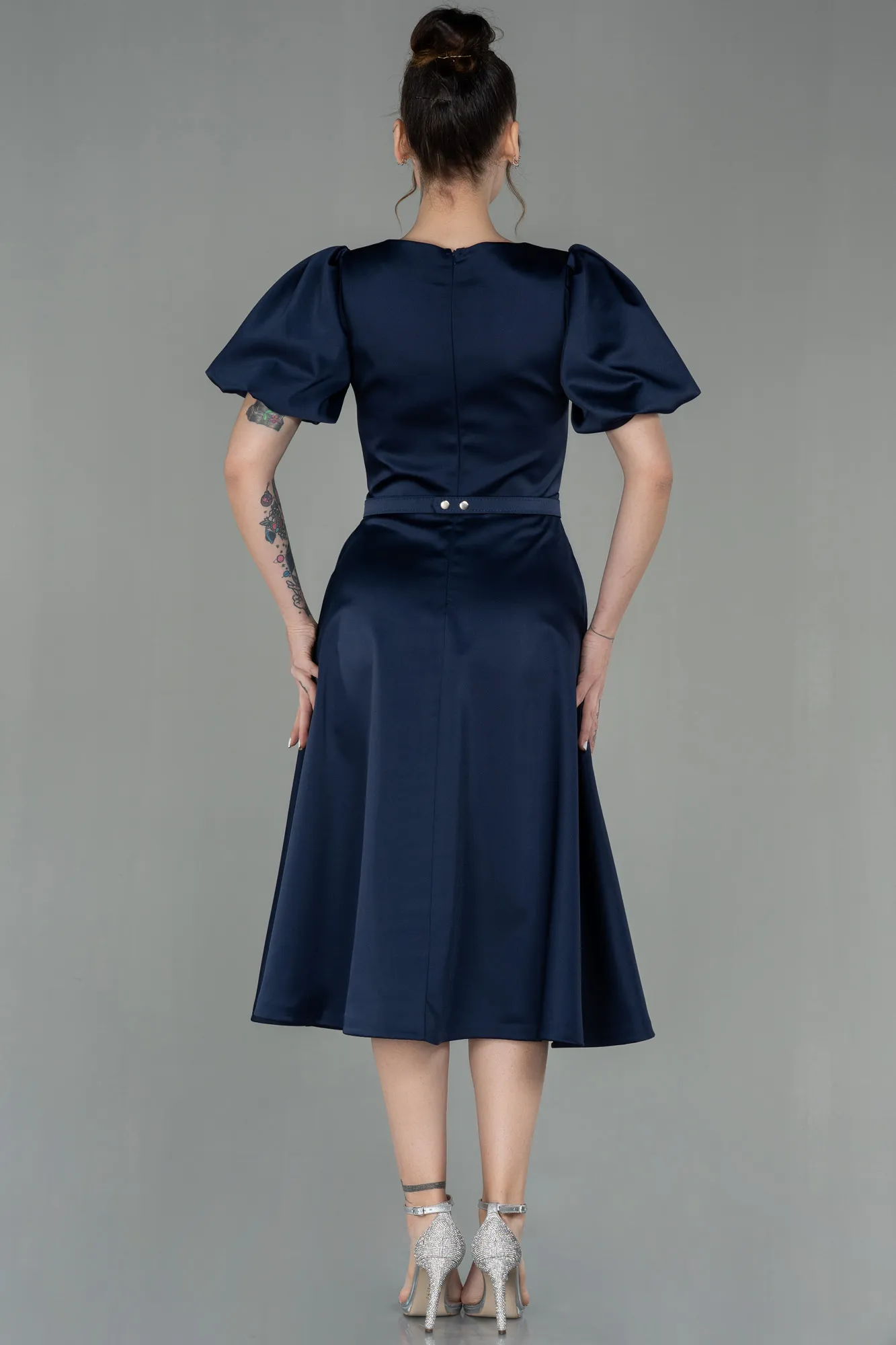 Navy Blue-Midi Satin Invitation Dress ABK1263