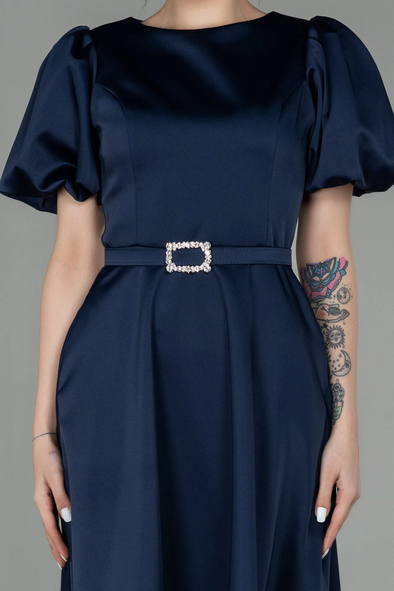 Navy Blue-Midi Satin Invitation Dress ABK1263