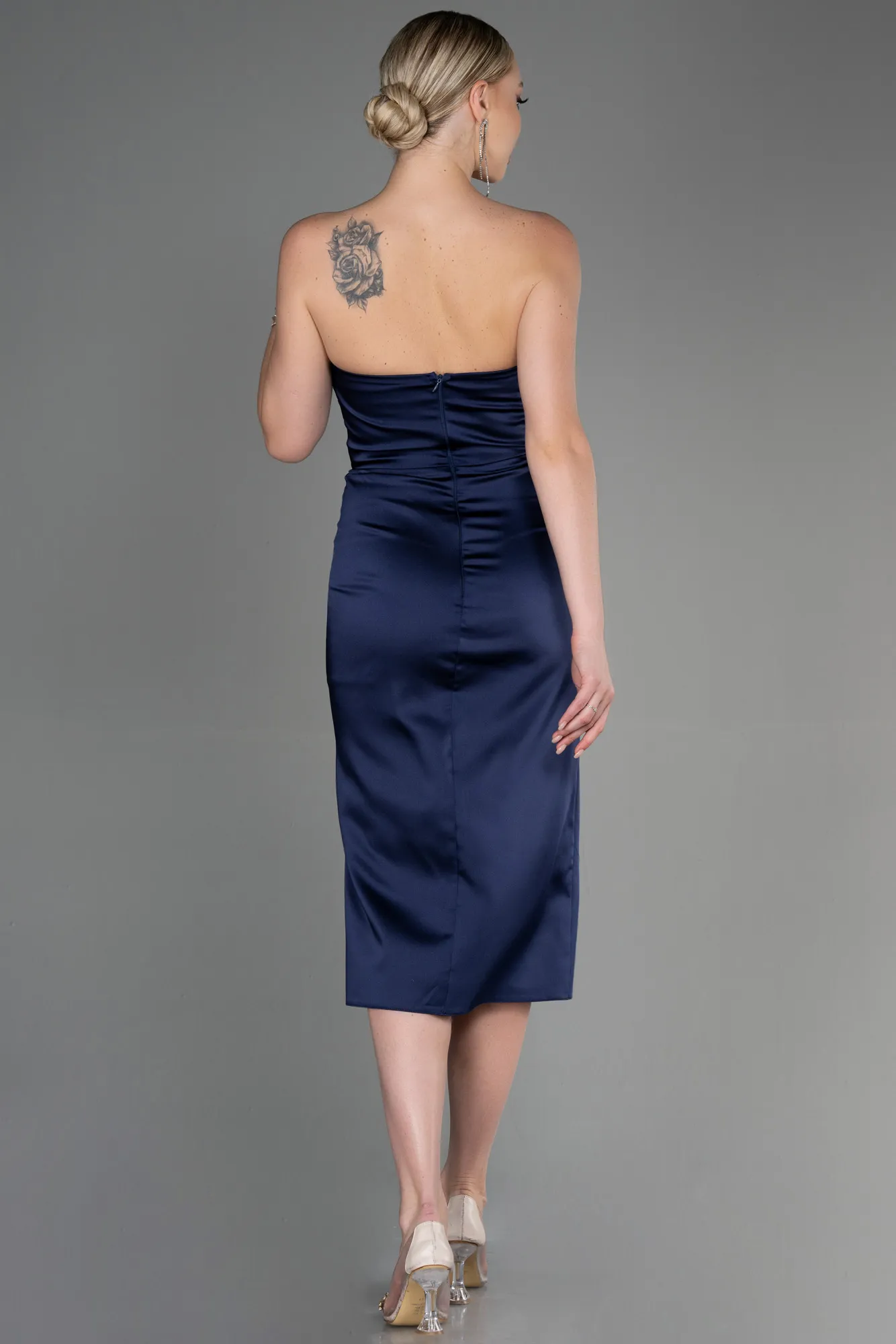 Navy Blue-Midi Satin Invitation Dress ABK1845