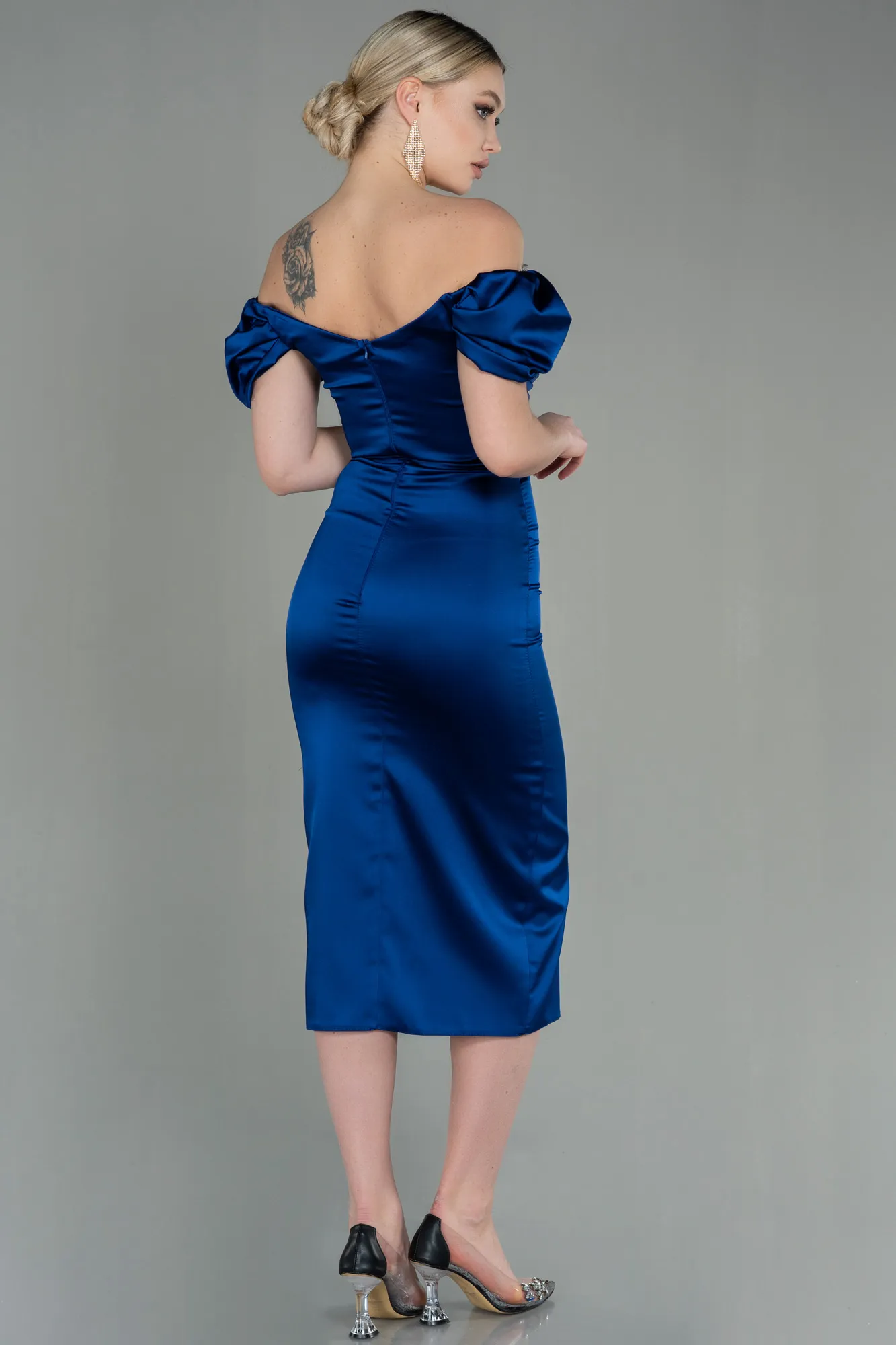 Navy Blue-Midi Satin Night Dress ABK1601