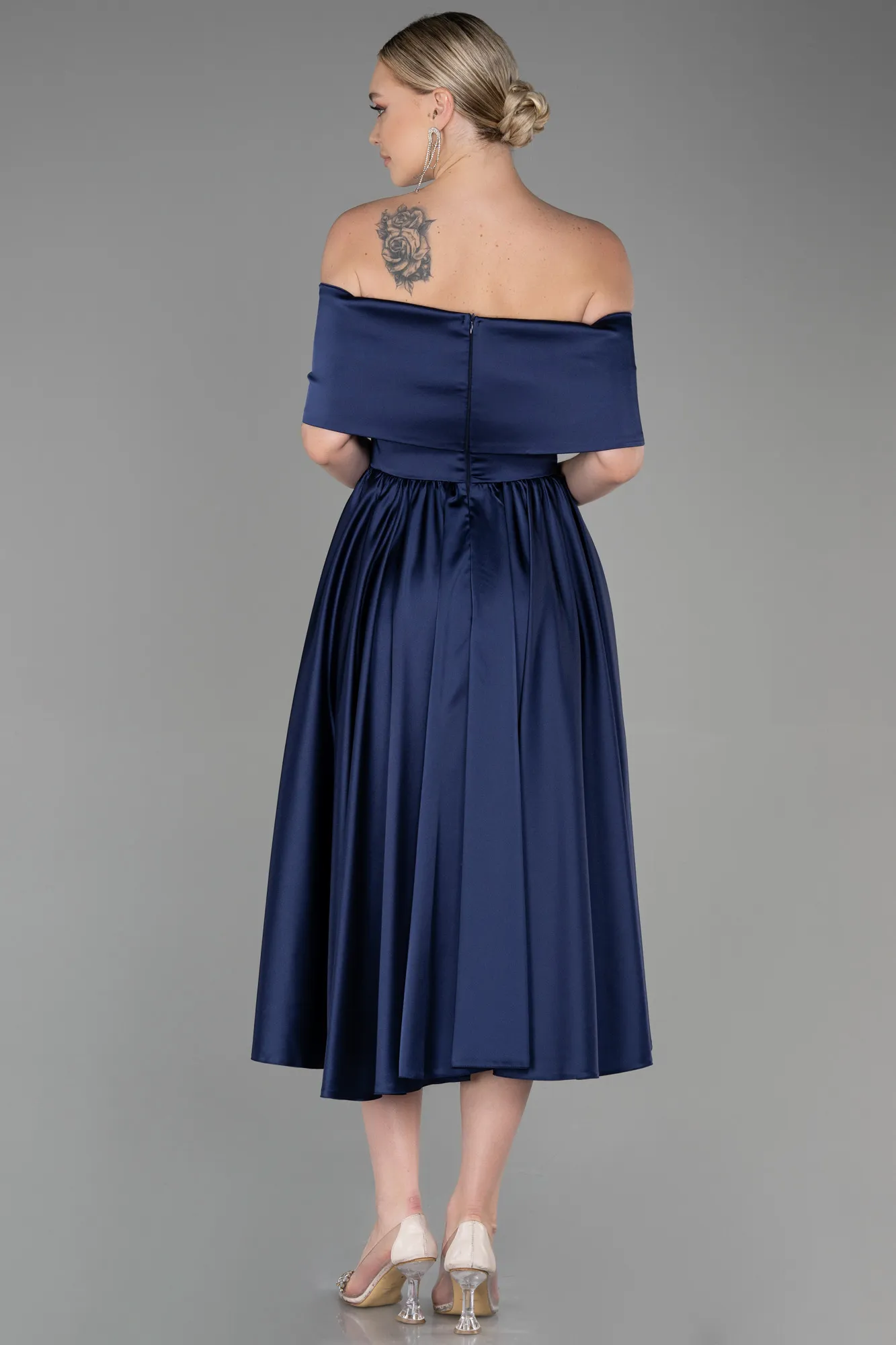Navy Blue-Midi Satin Night Dress ABK1846