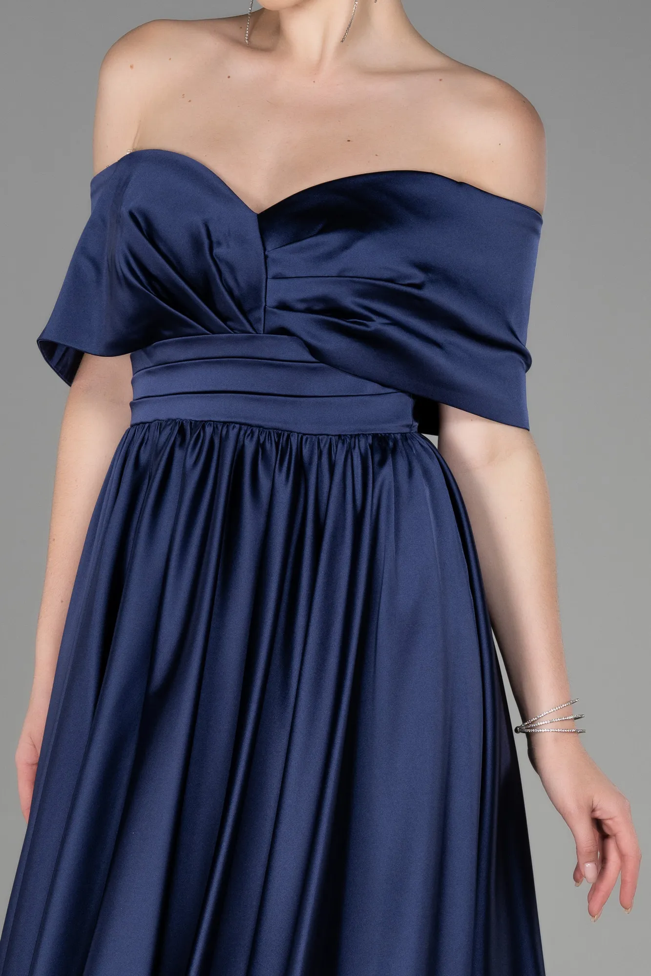 Navy Blue-Midi Satin Night Dress ABK1846