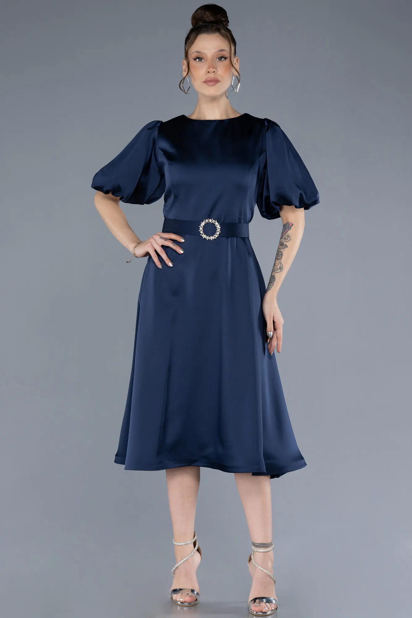 Navy Blue-Midi Satin Plus Size Cocktail Dress ABK2055