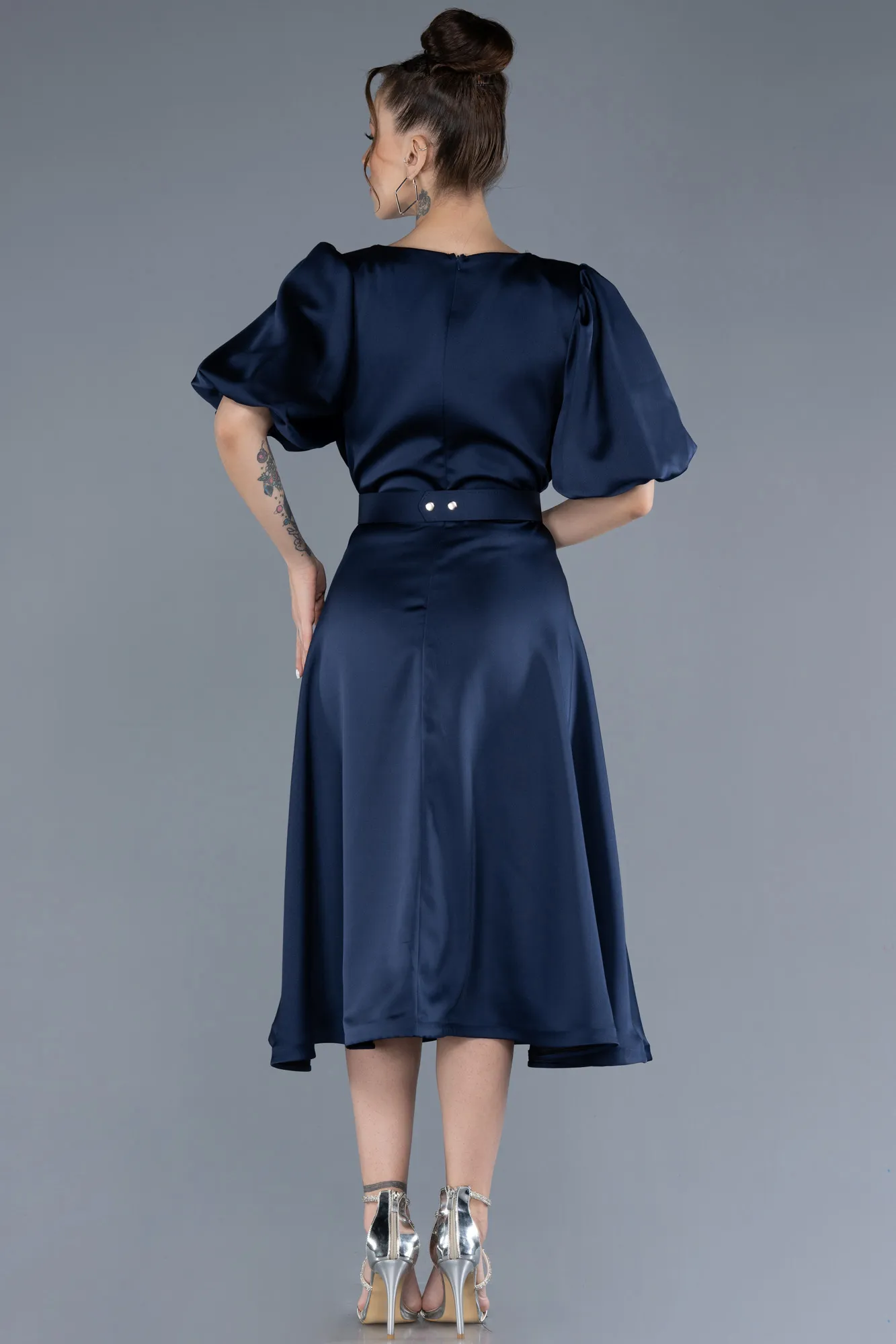 Navy Blue-Midi Satin Plus Size Cocktail Dress ABK2055