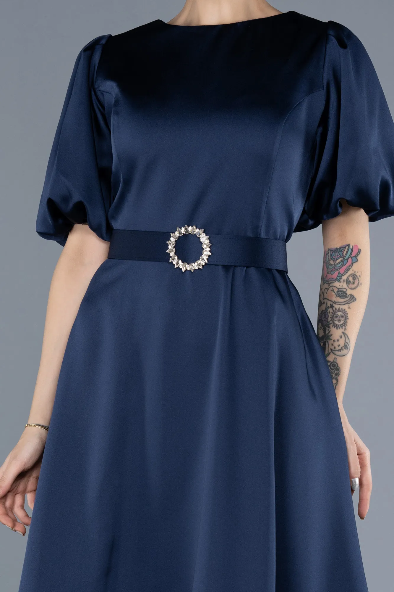 Navy Blue-Midi Satin Plus Size Cocktail Dress ABK2055