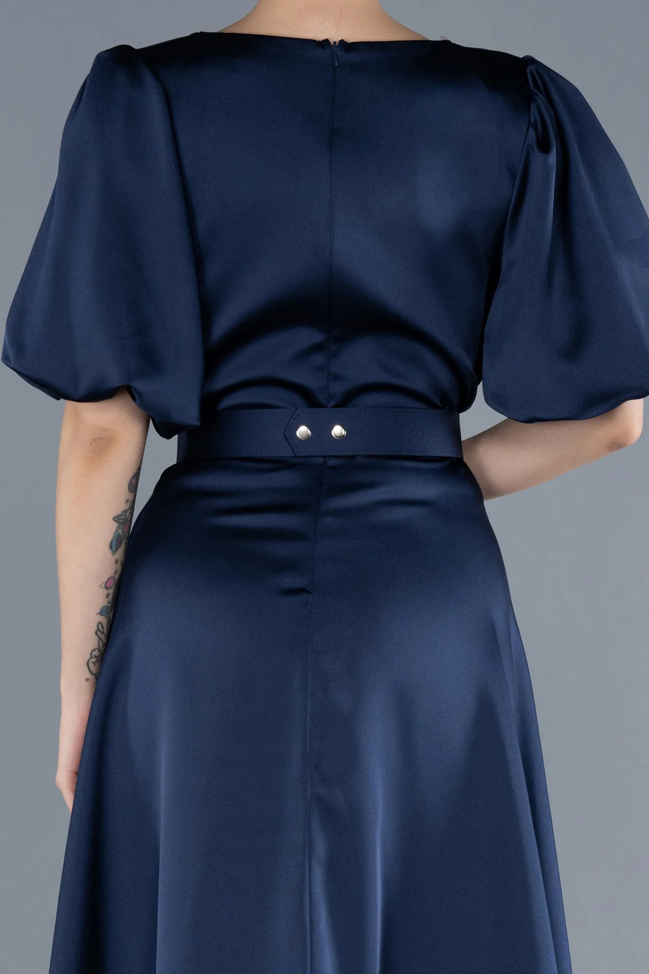 Navy Blue-Midi Satin Plus Size Cocktail Dress ABK2055