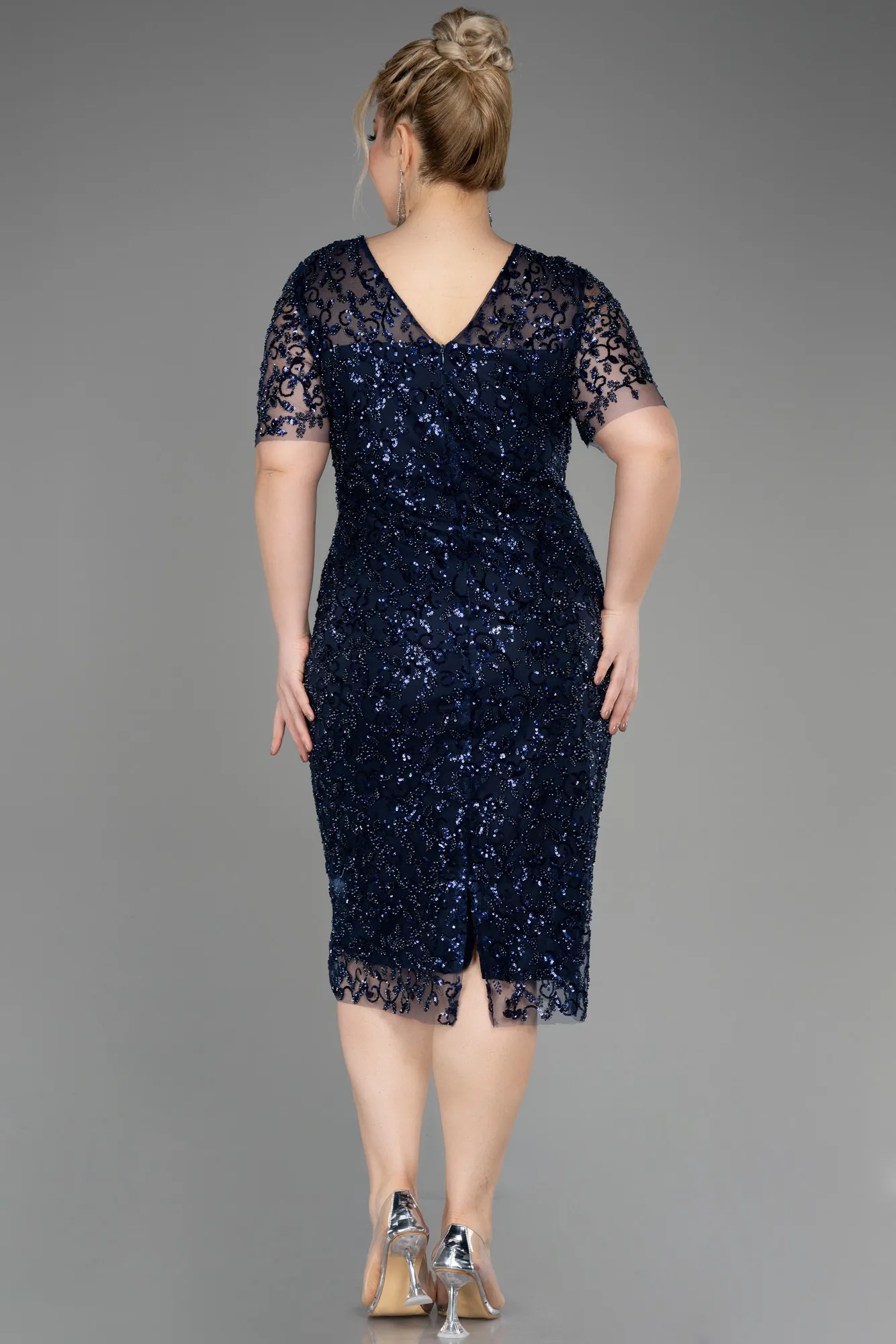 Navy Blue-Midi Scaly Plus Size Cocktail Dress ABK2030