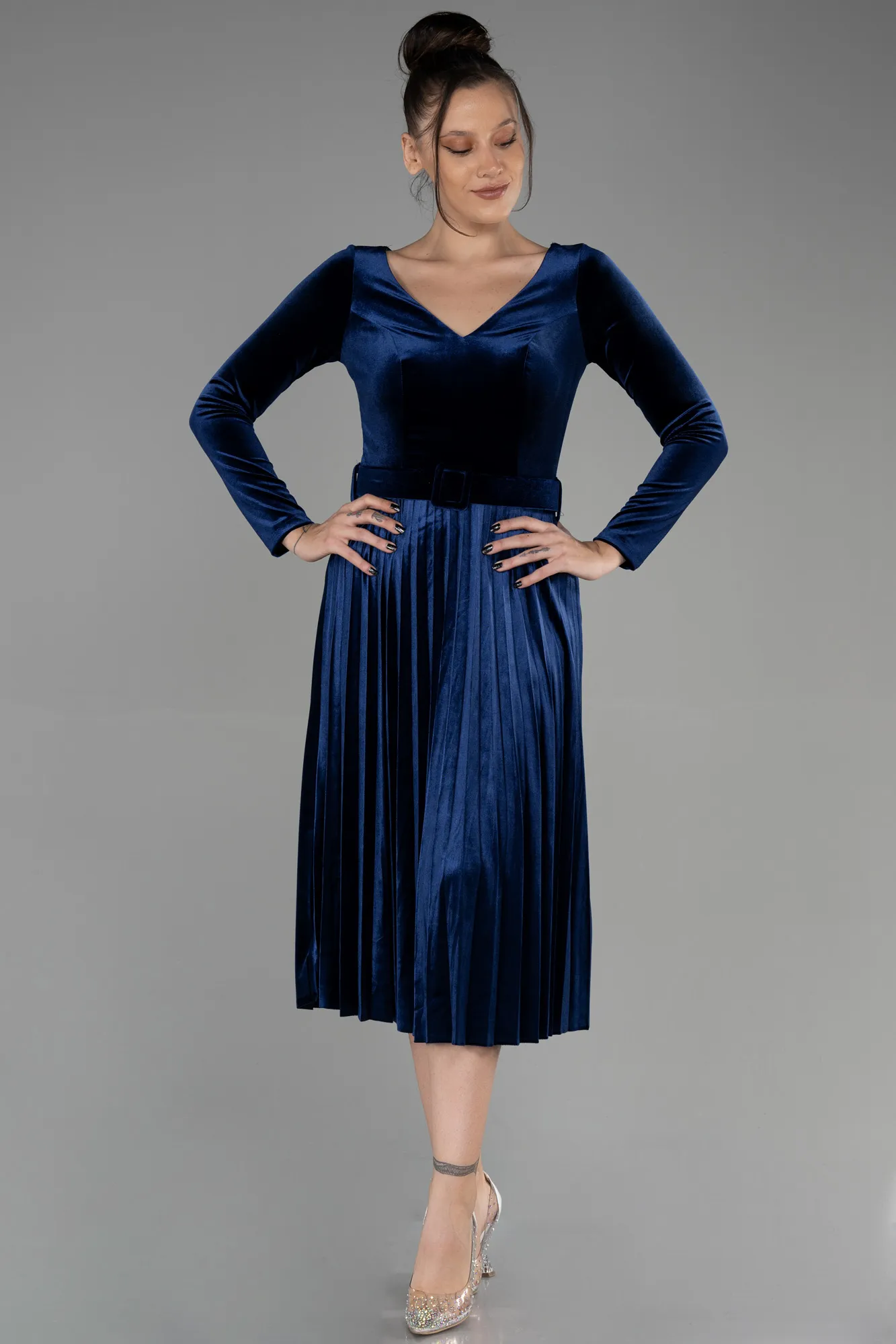 Navy Blue-Midi Velvet Invitation Dress ABK1870