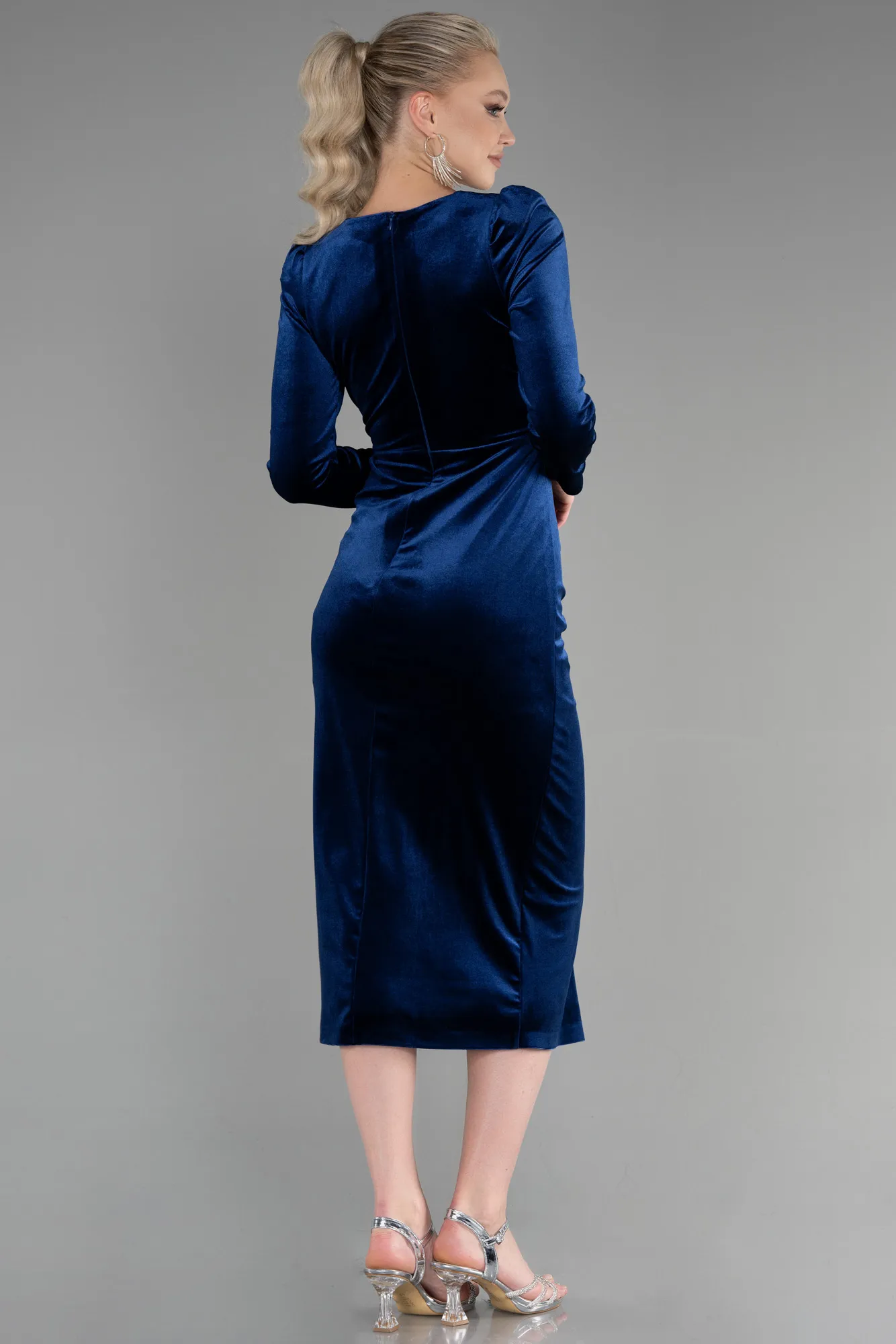 Navy Blue-Midi Velvet Invitation Dress ABK1896