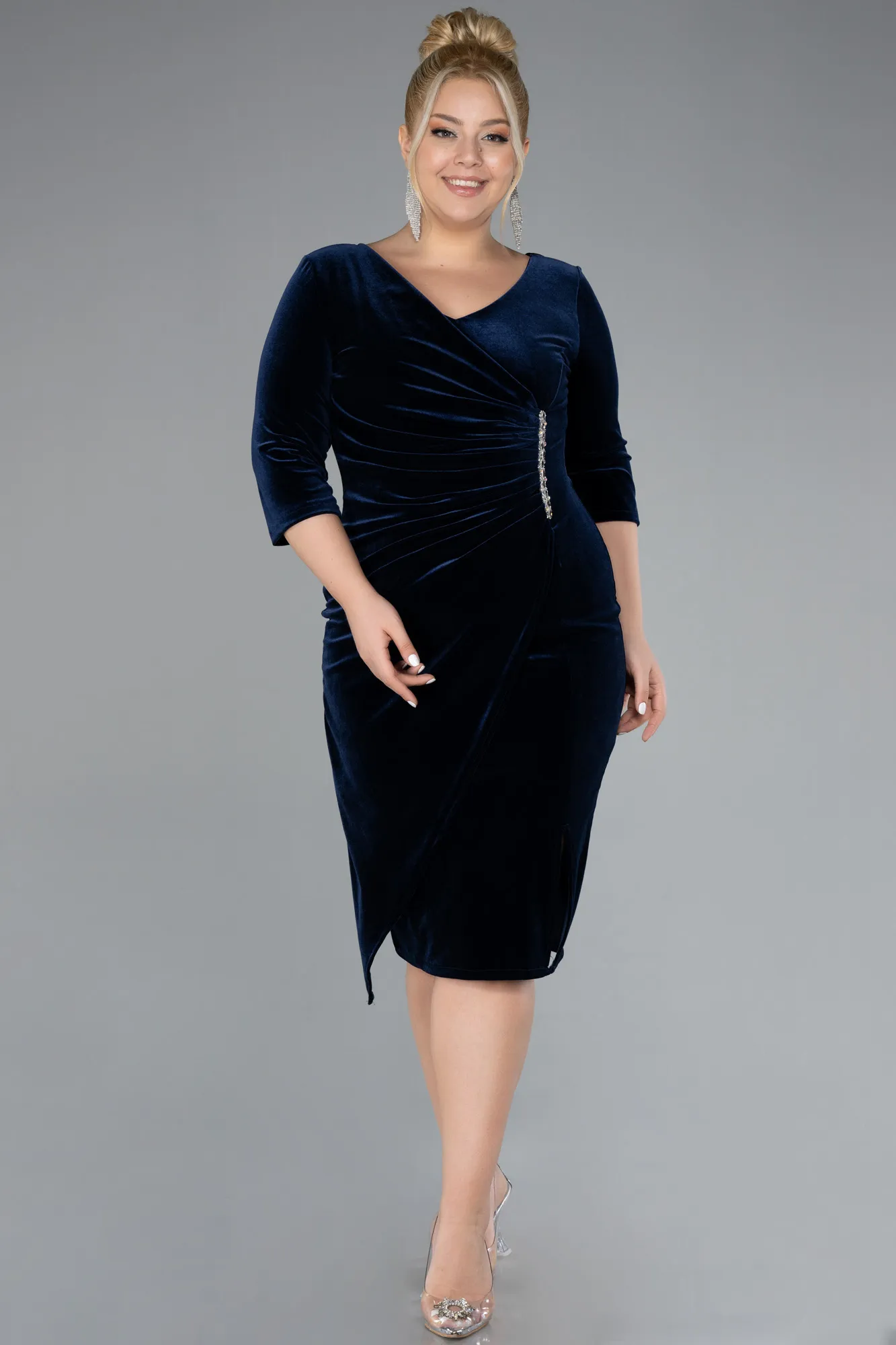 Navy Blue-Midi Velvet Plus Size Cocktail Dress ABK2156