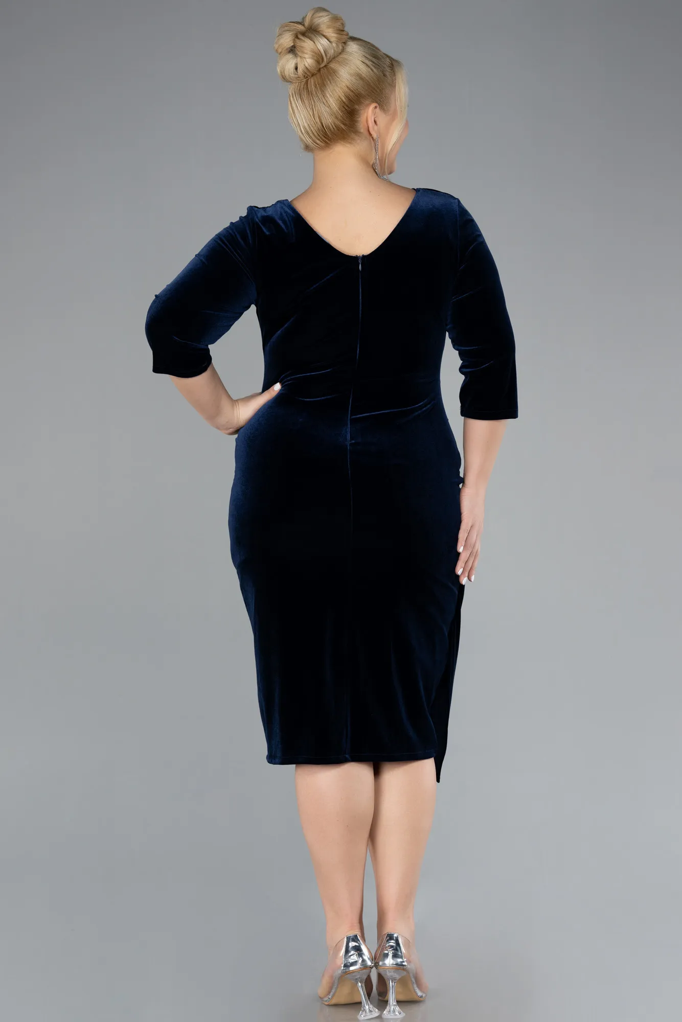 Navy Blue-Midi Velvet Plus Size Cocktail Dress ABK2156