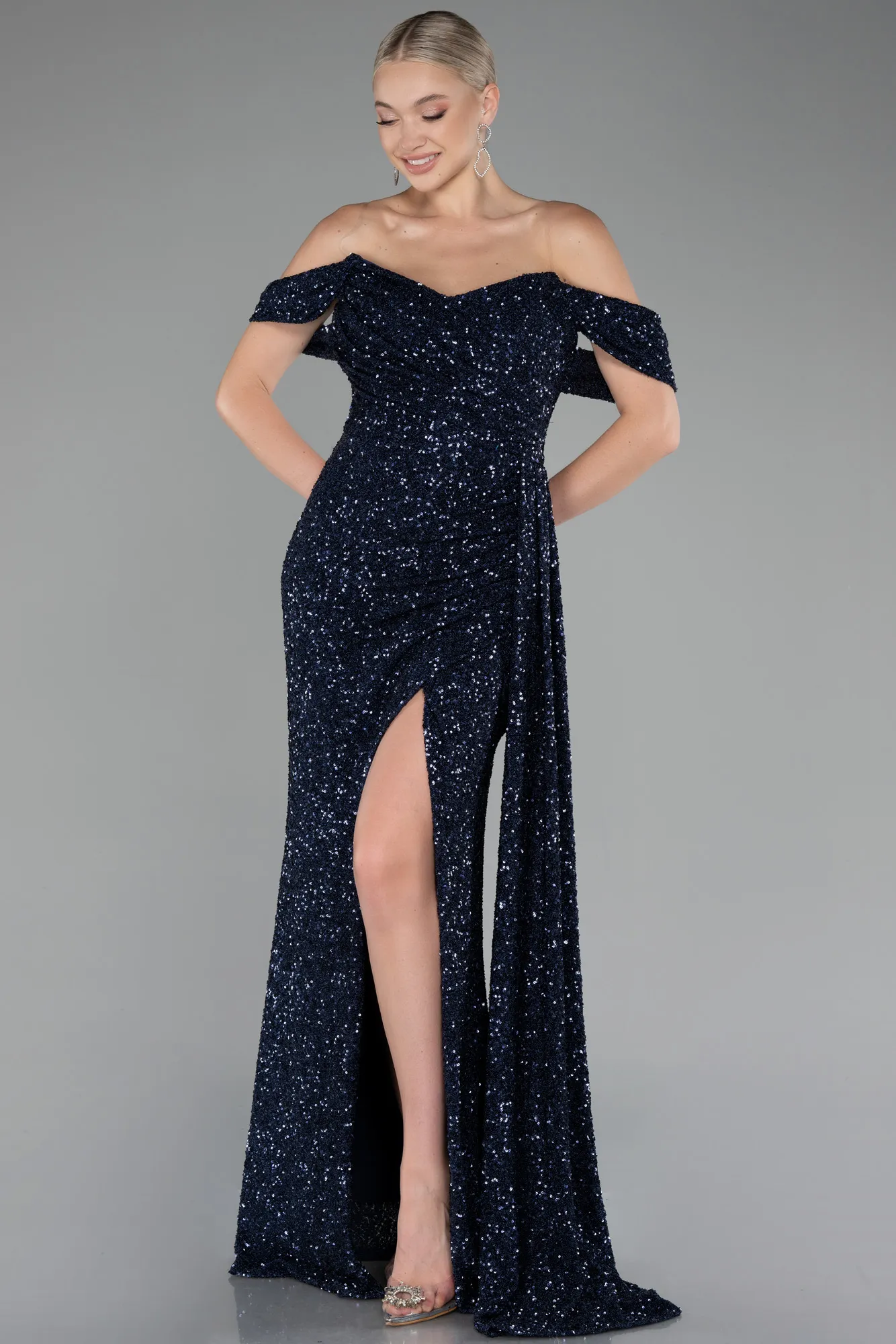 Navy Blue-Off Shoulder Boat Neck Slit Sequined Long Evening Gown ABU4074