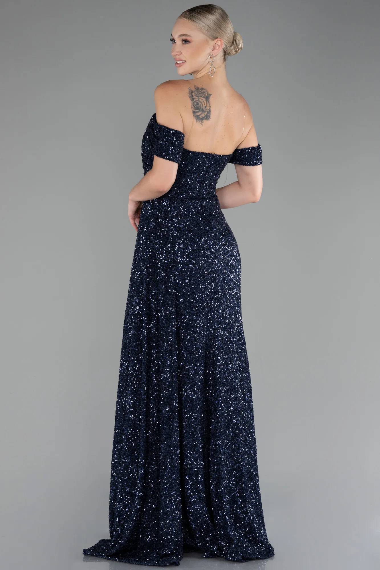 Navy Blue-Off Shoulder Boat Neck Slit Sequined Long Evening Gown ABU4074