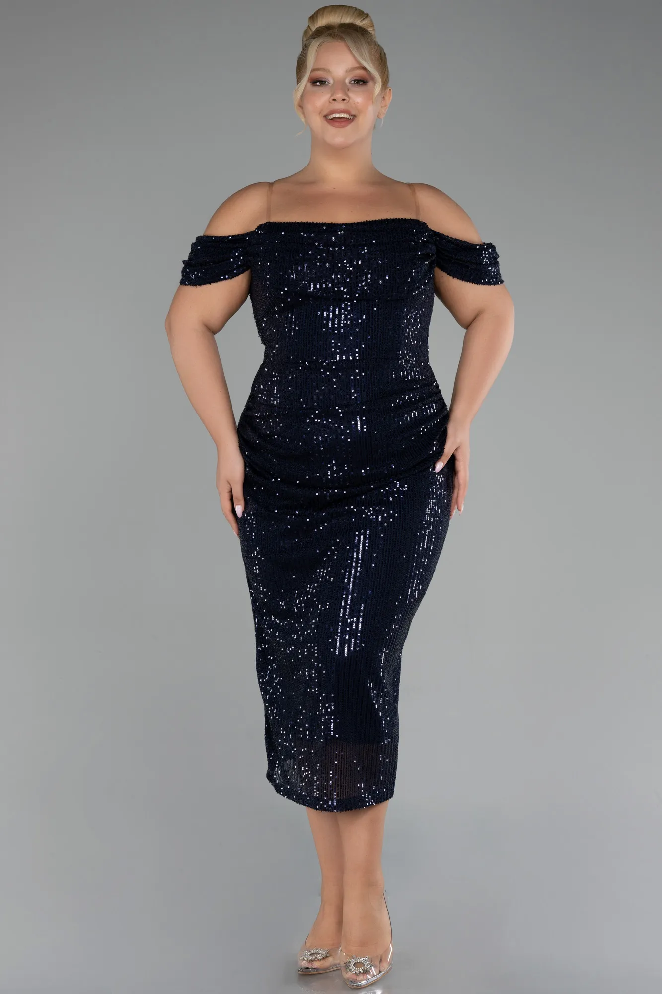 Navy Blue-Off Shoulder Midi Sequined Plus Size Evening Dress ABK2056