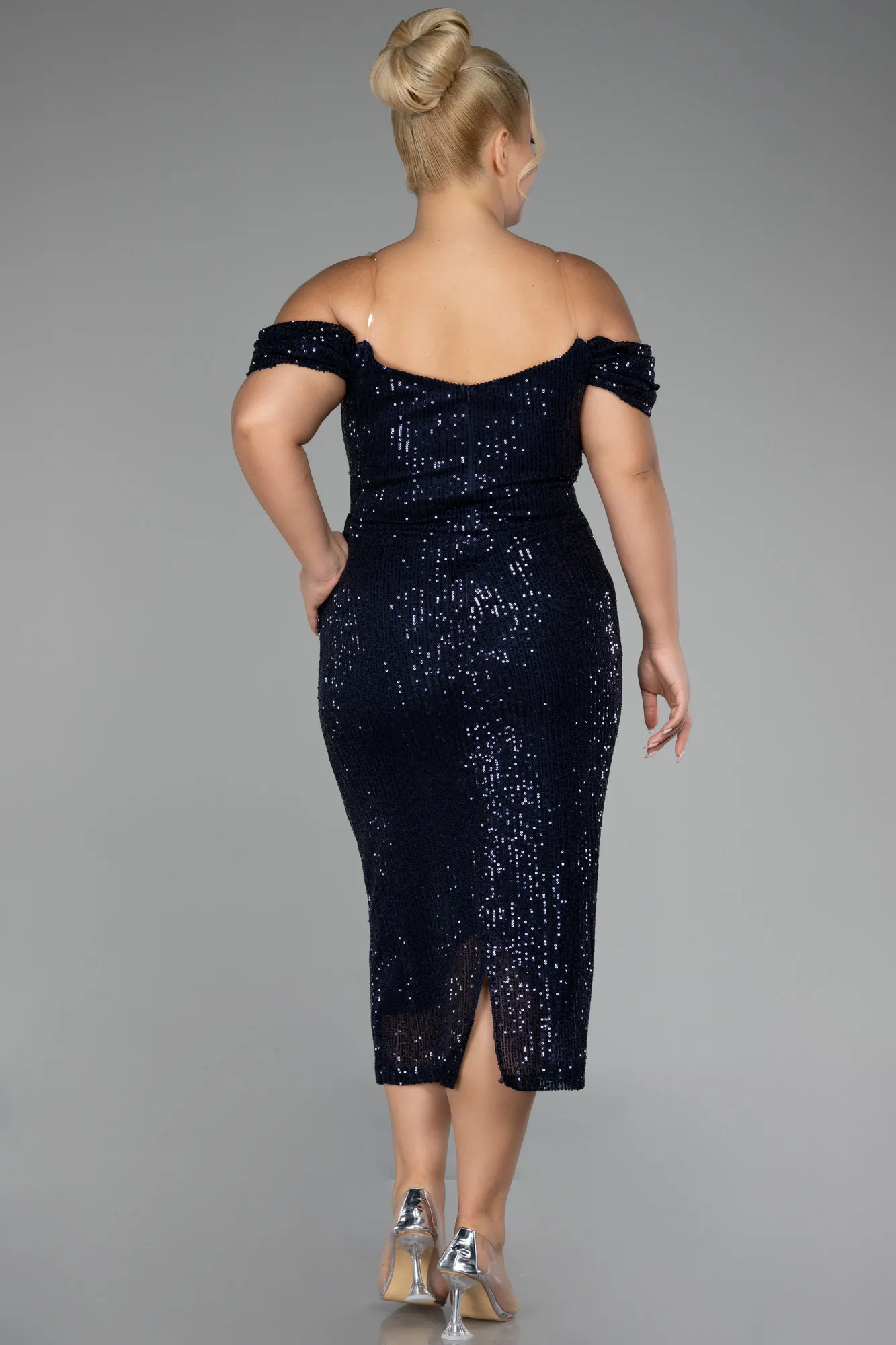 Navy Blue-Off Shoulder Midi Sequined Plus Size Evening Dress ABK2056