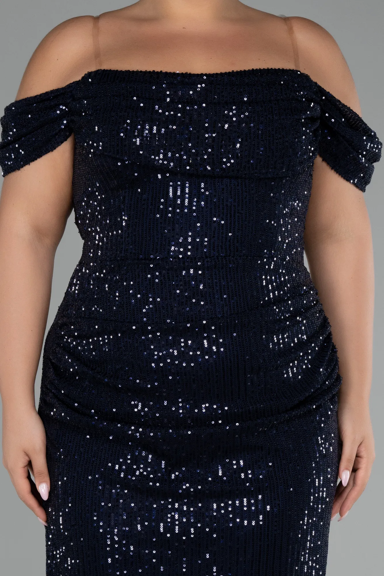 Navy Blue-Off Shoulder Midi Sequined Plus Size Evening Dress ABK2056