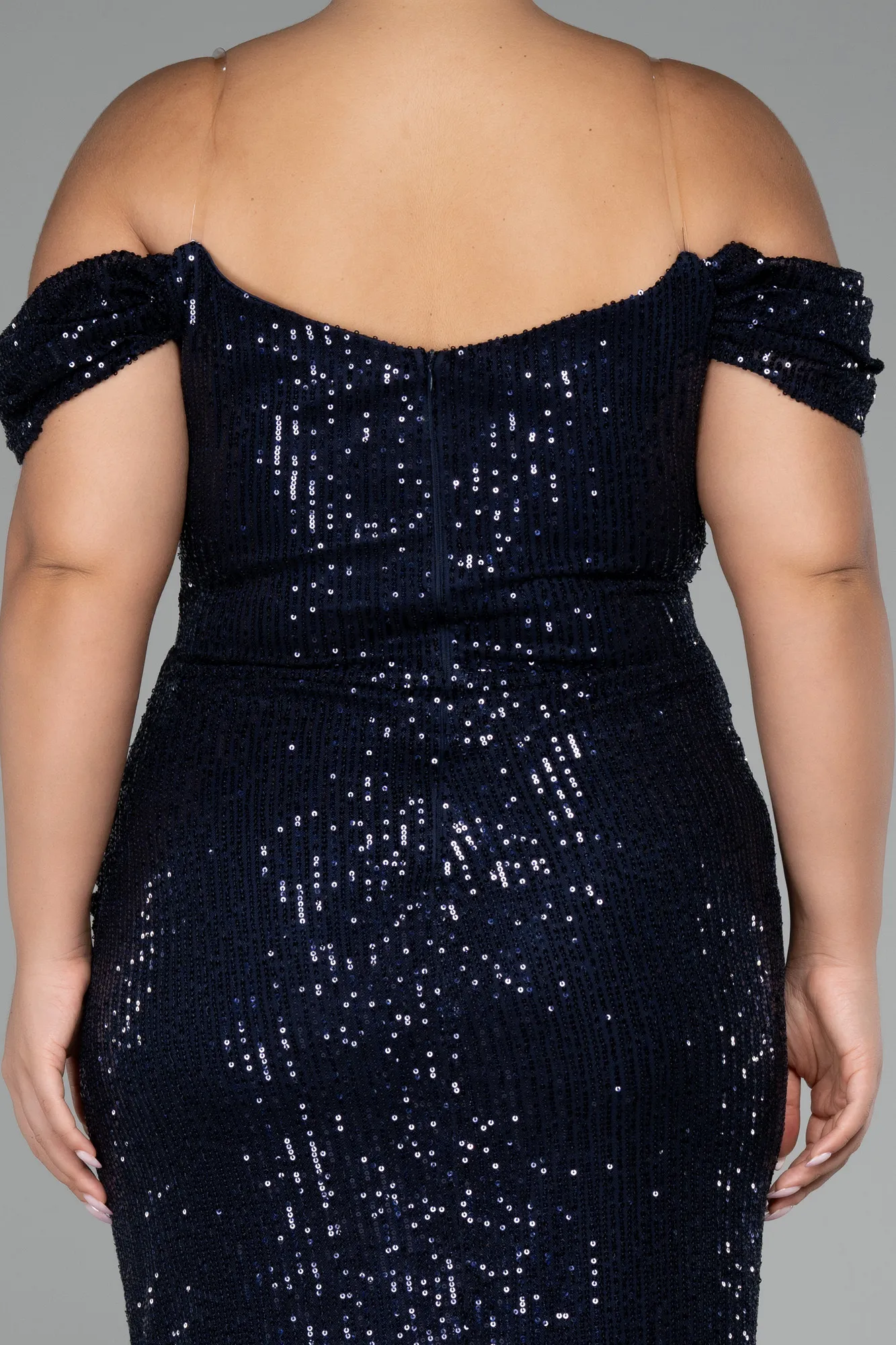 Navy Blue-Off Shoulder Midi Sequined Plus Size Evening Dress ABK2056