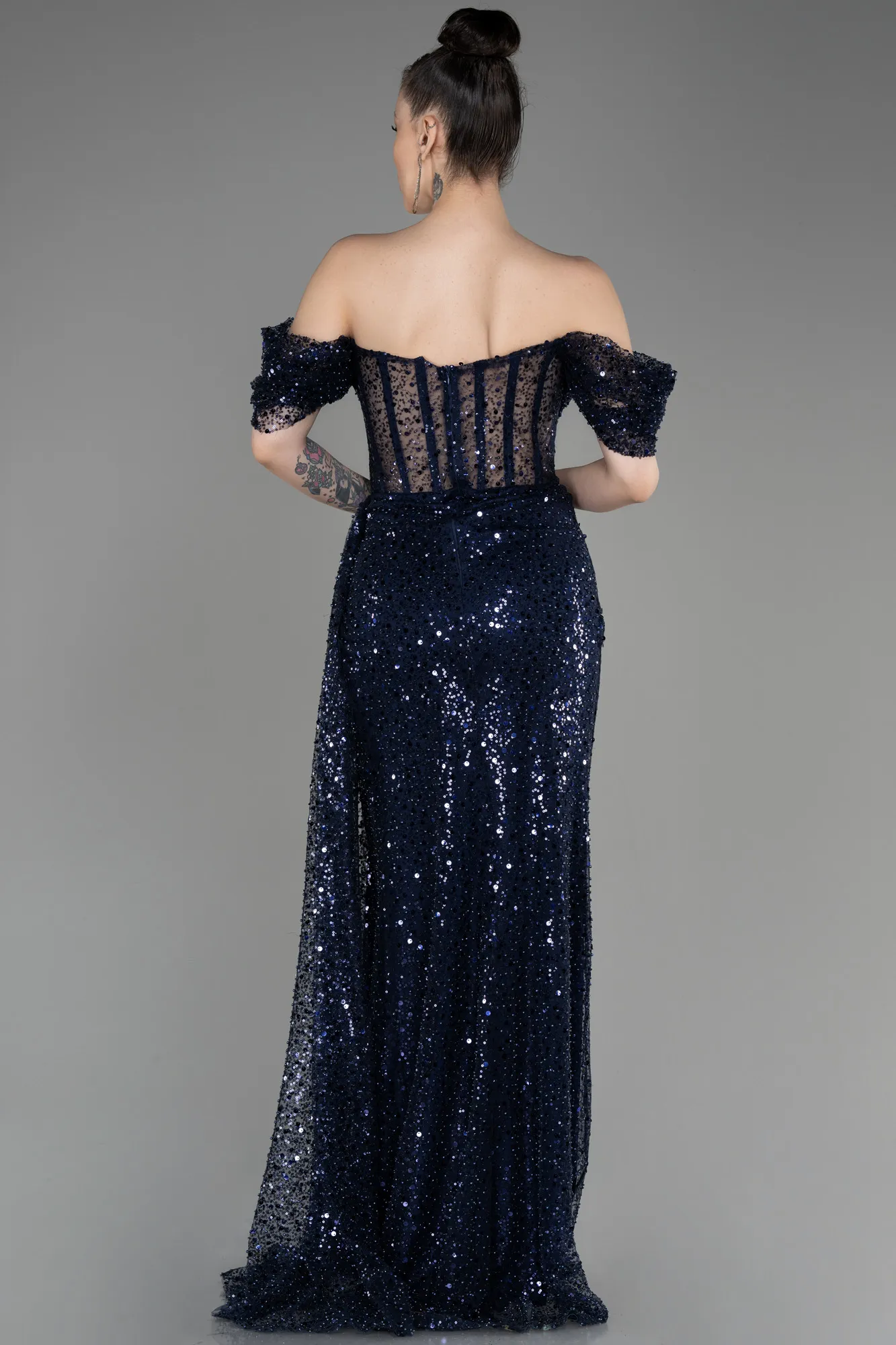 Navy Blue-Off-Shoulder Slit Long Scaly Evening Dress ABU3847