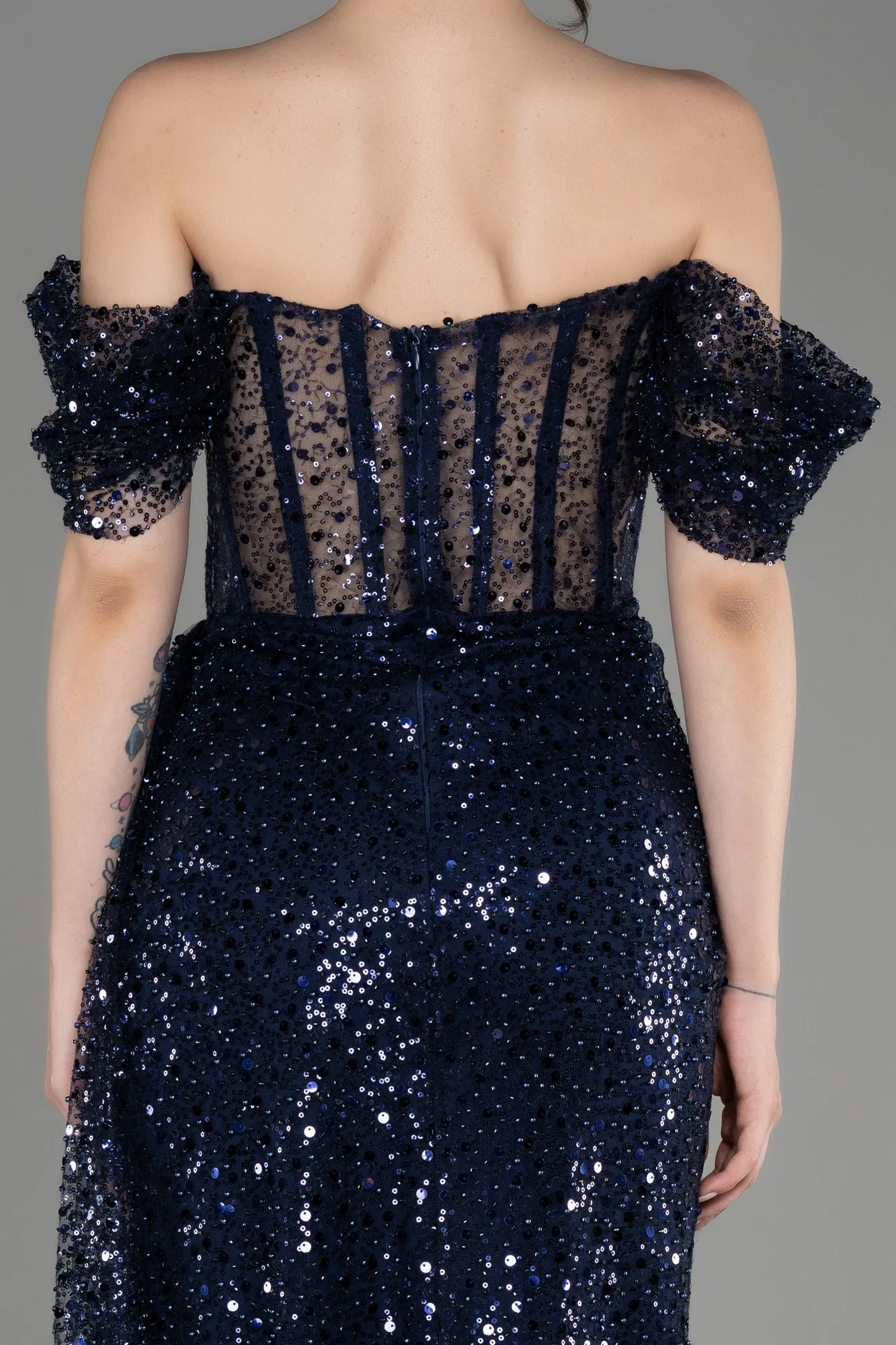 Navy Blue-Off-Shoulder Slit Long Scaly Evening Dress ABU3847