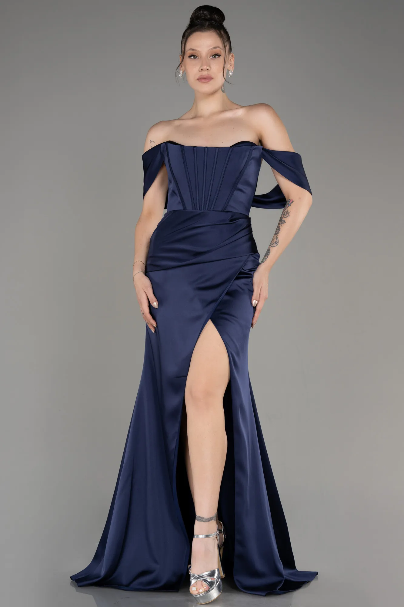 Navy Blue-Off Shoulder Slit Satin Prom Dress ABU3964