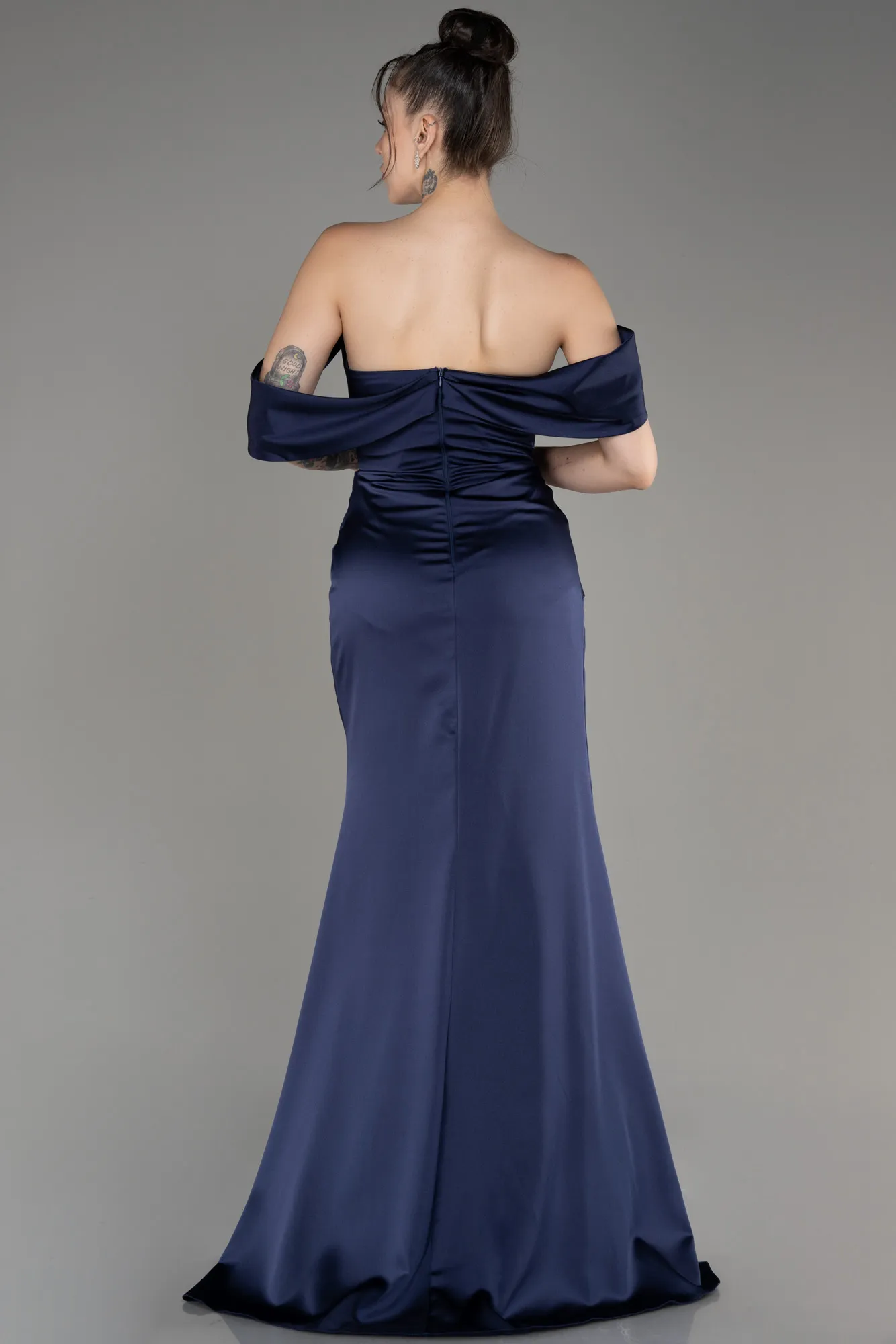 Navy Blue-Off Shoulder Slit Satin Prom Dress ABU3964