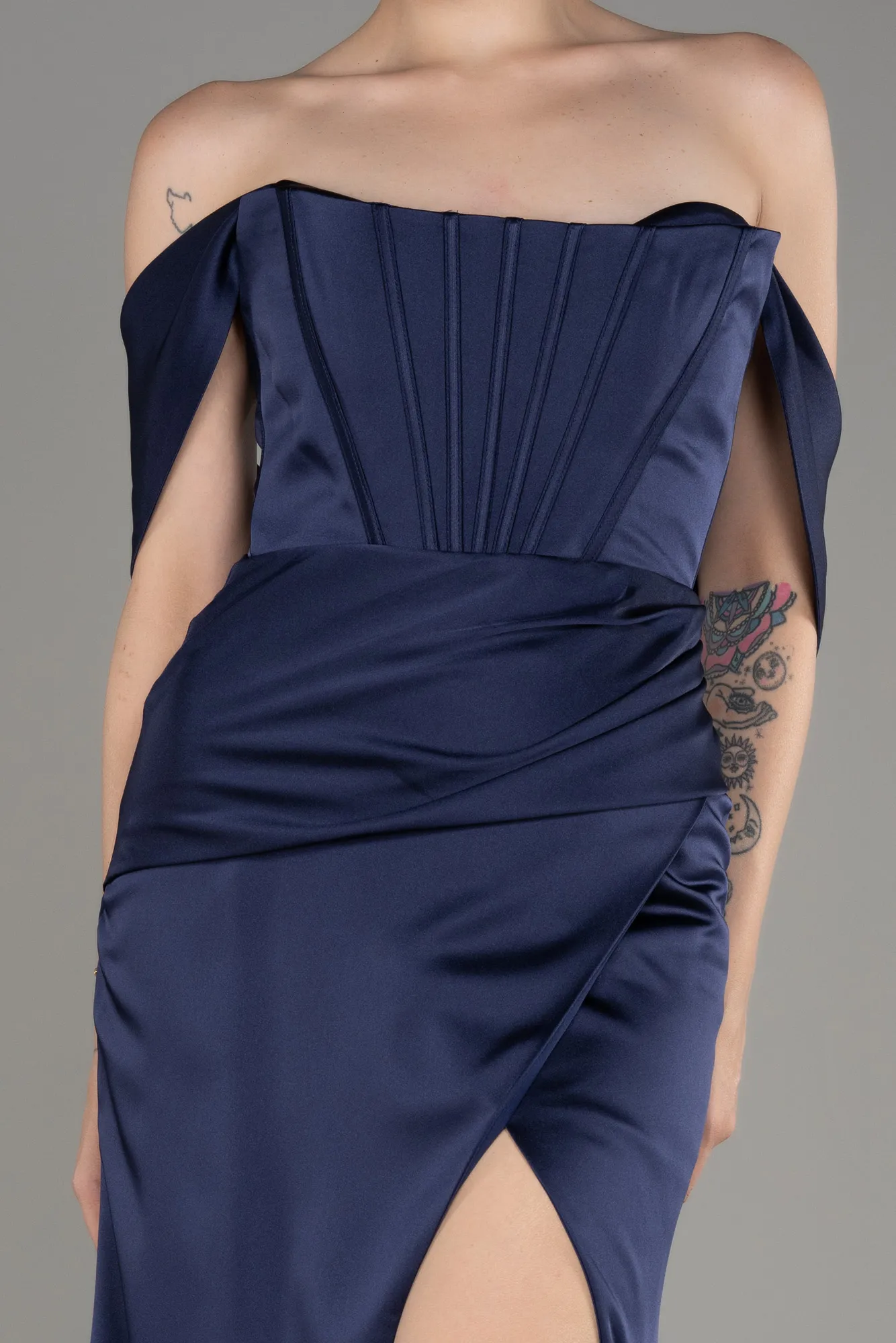 Navy Blue-Off Shoulder Slit Satin Prom Dress ABU3964