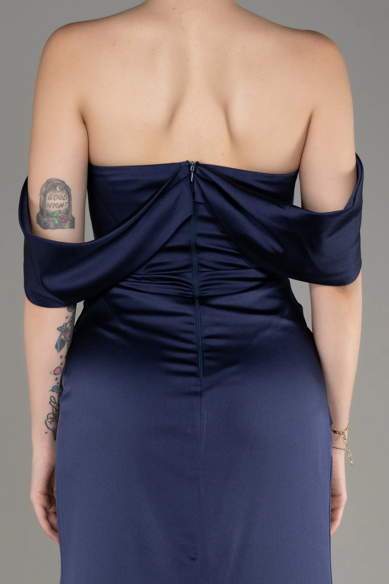 Navy Blue-Off Shoulder Slit Satin Prom Dress ABU3964