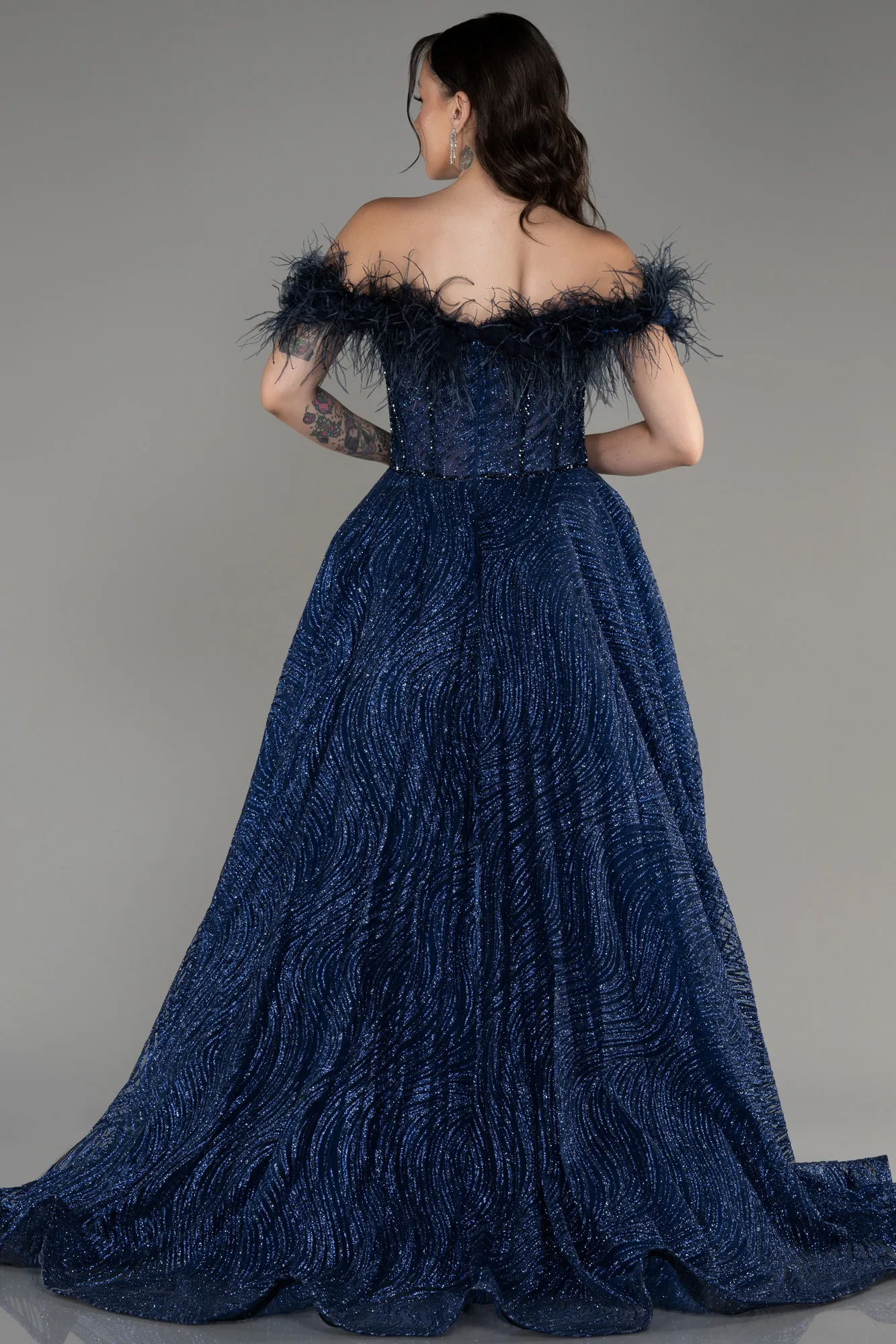 Navy Blue-Off The Shoulder Long Silvery Ball Gown ABU4009