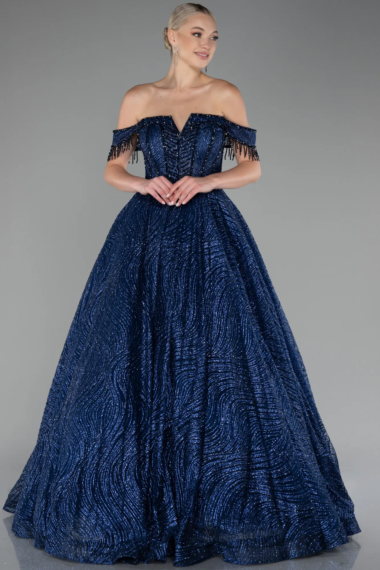 Navy Blue-Off The Shoulder Long Silvery Ball Gown ABU4010