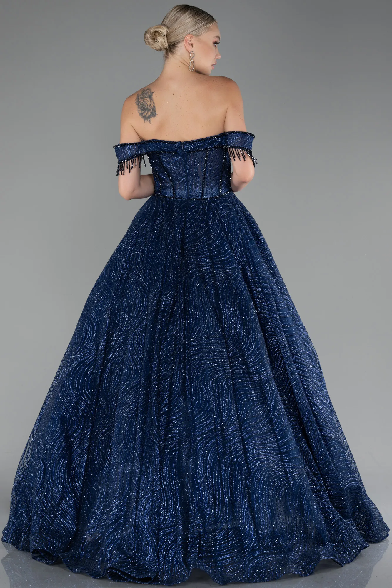 Navy Blue-Off The Shoulder Long Silvery Ball Gown ABU4010