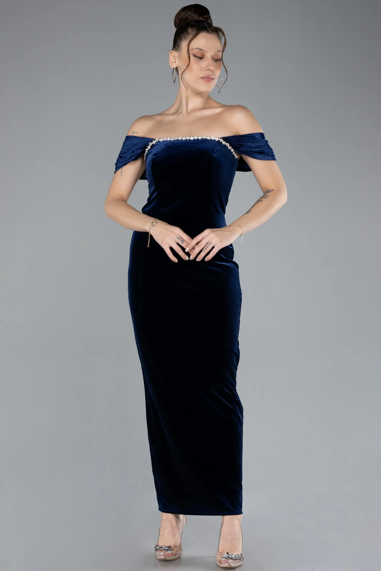 Navy Blue-Off The Shoulder Midi Velvet Invitation Dress ABK2173