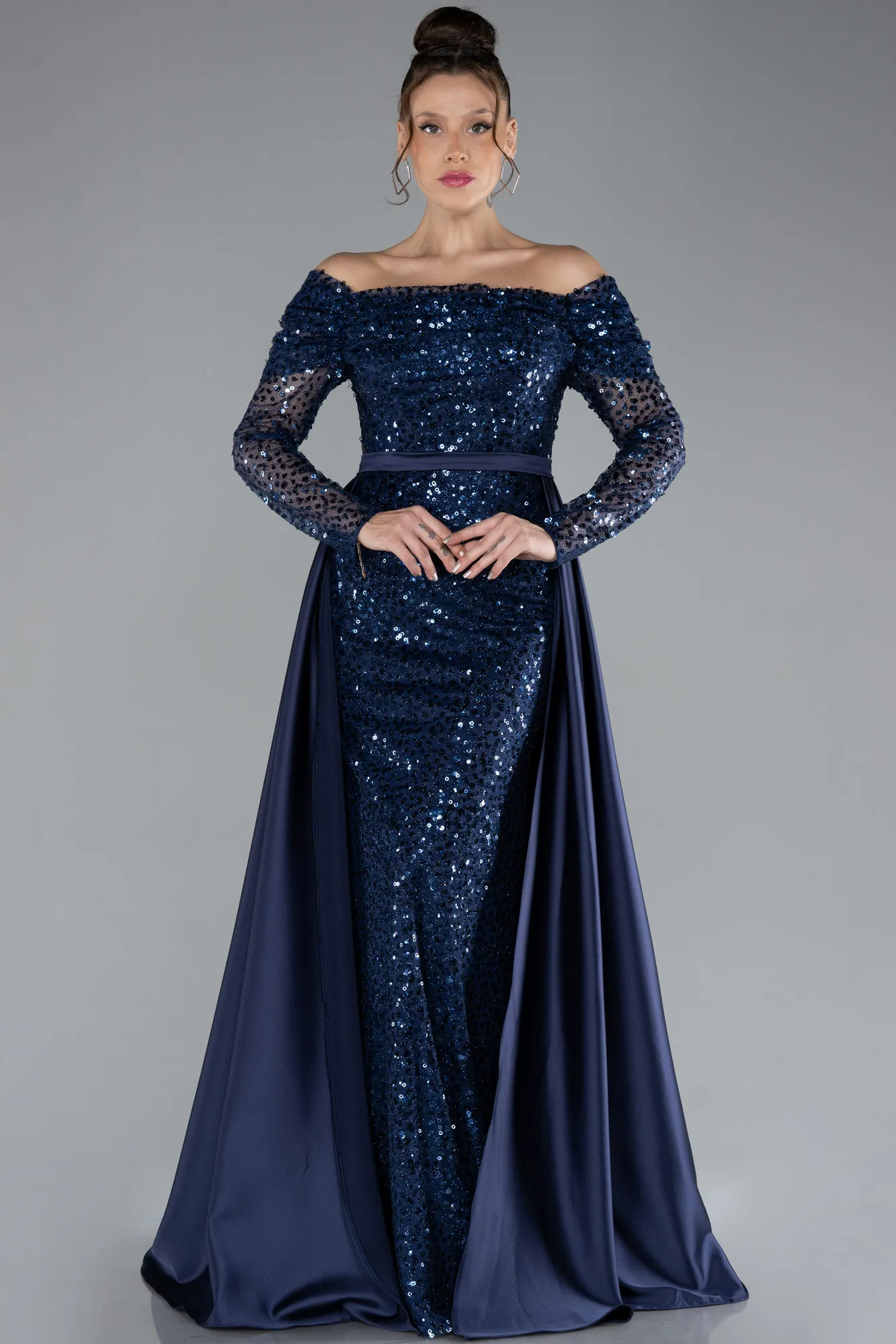 Navy Blue-Off The Shoulder Tail Scaly Evening Gown ABU4380