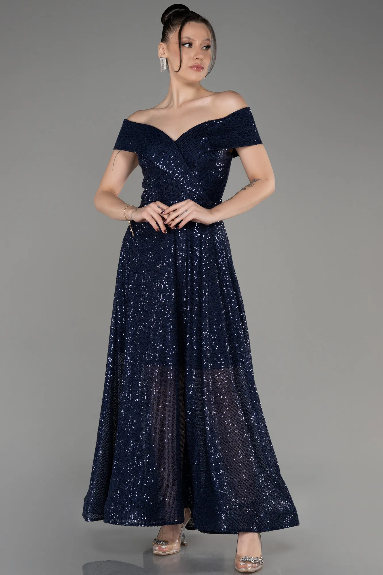 Navy Blue-Off The Soulder Scaly Midi Evening Dress ABK2048