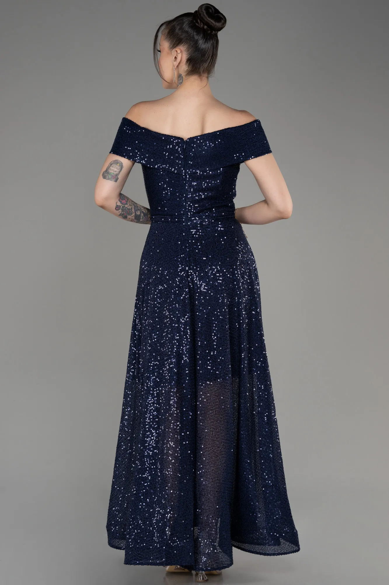 Navy Blue-Off The Soulder Scaly Midi Evening Dress ABK2048