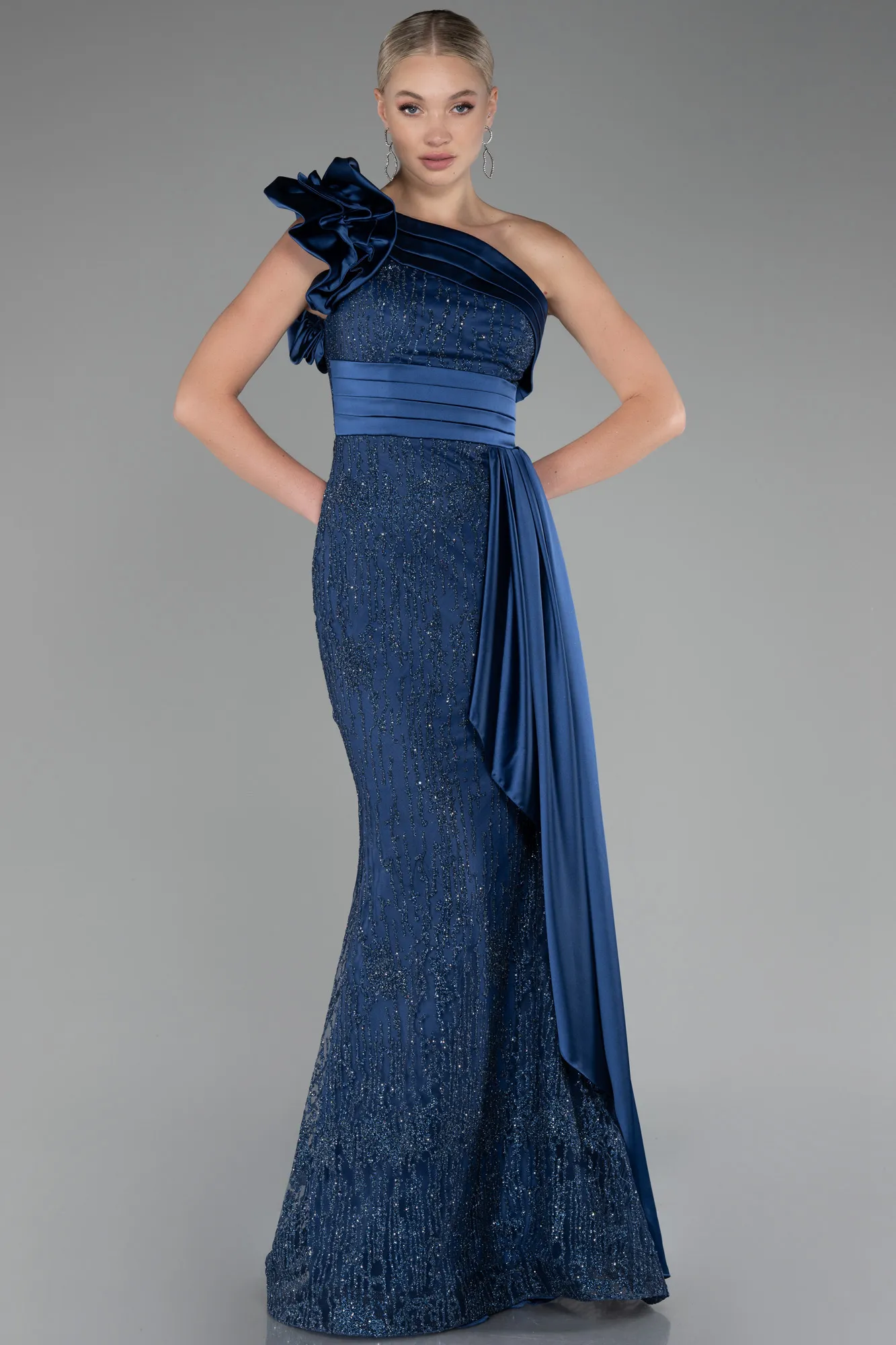 Navy Blue-One Shoulder Glitter Long Evening Gown ABU4059