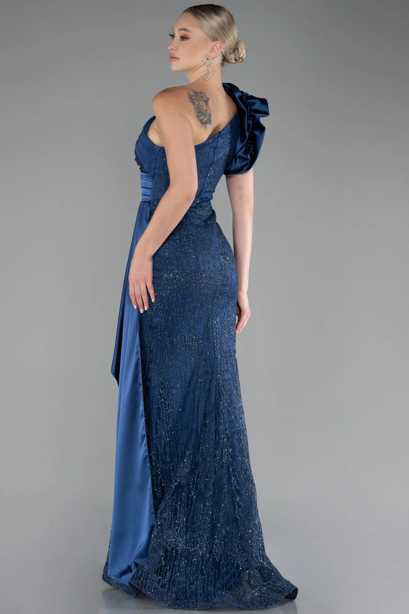 Navy Blue-One Shoulder Glitter Long Evening Gown ABU4059