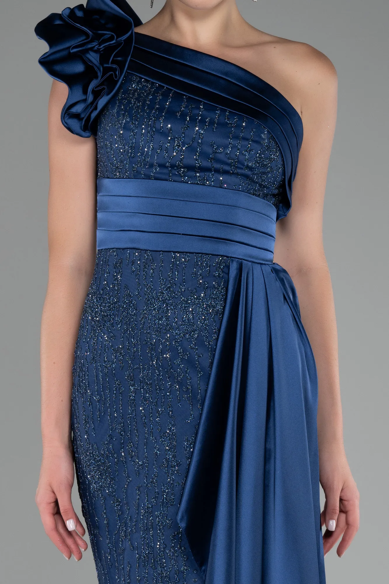 Navy Blue-One Shoulder Glitter Long Evening Gown ABU4059