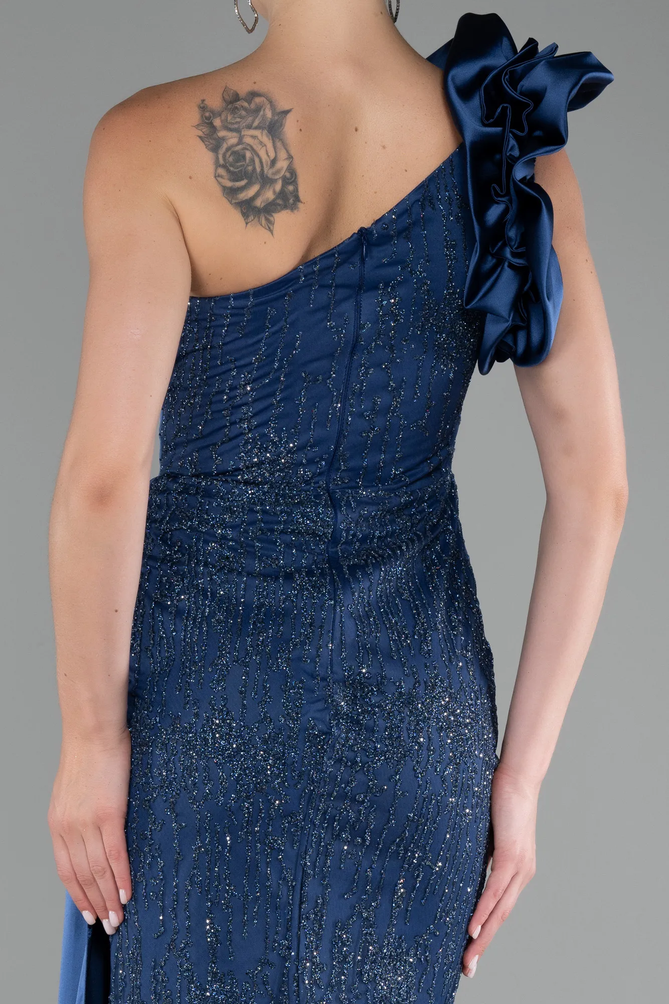 Navy Blue-One Shoulder Glitter Long Evening Gown ABU4059