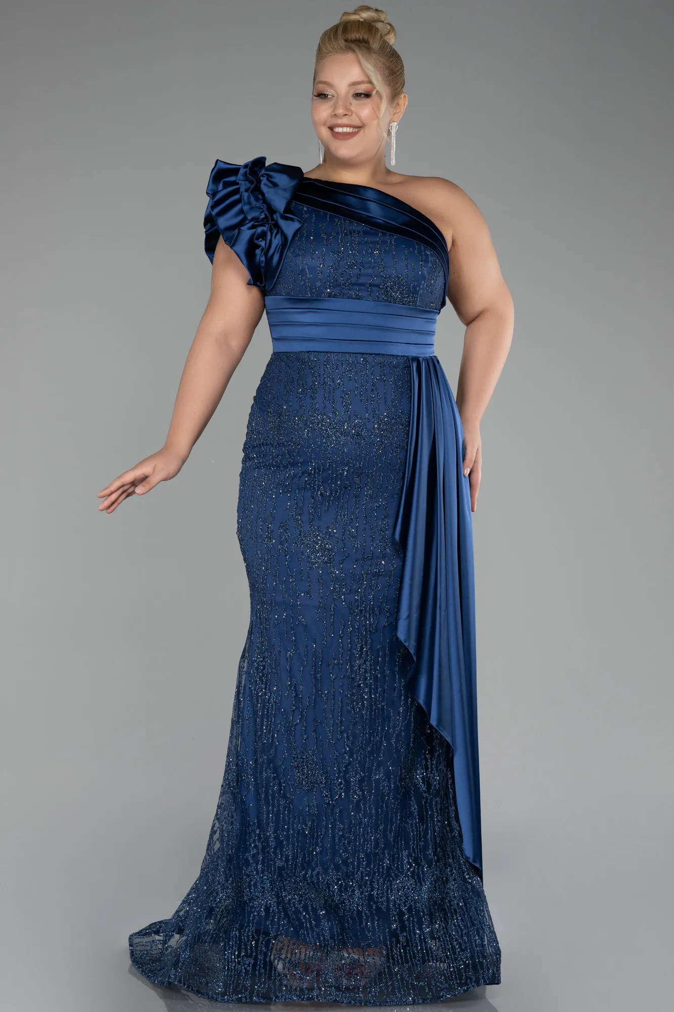 Navy Blue-One Shoulder Glitter Long Plus Size Evening Gown ABU4060