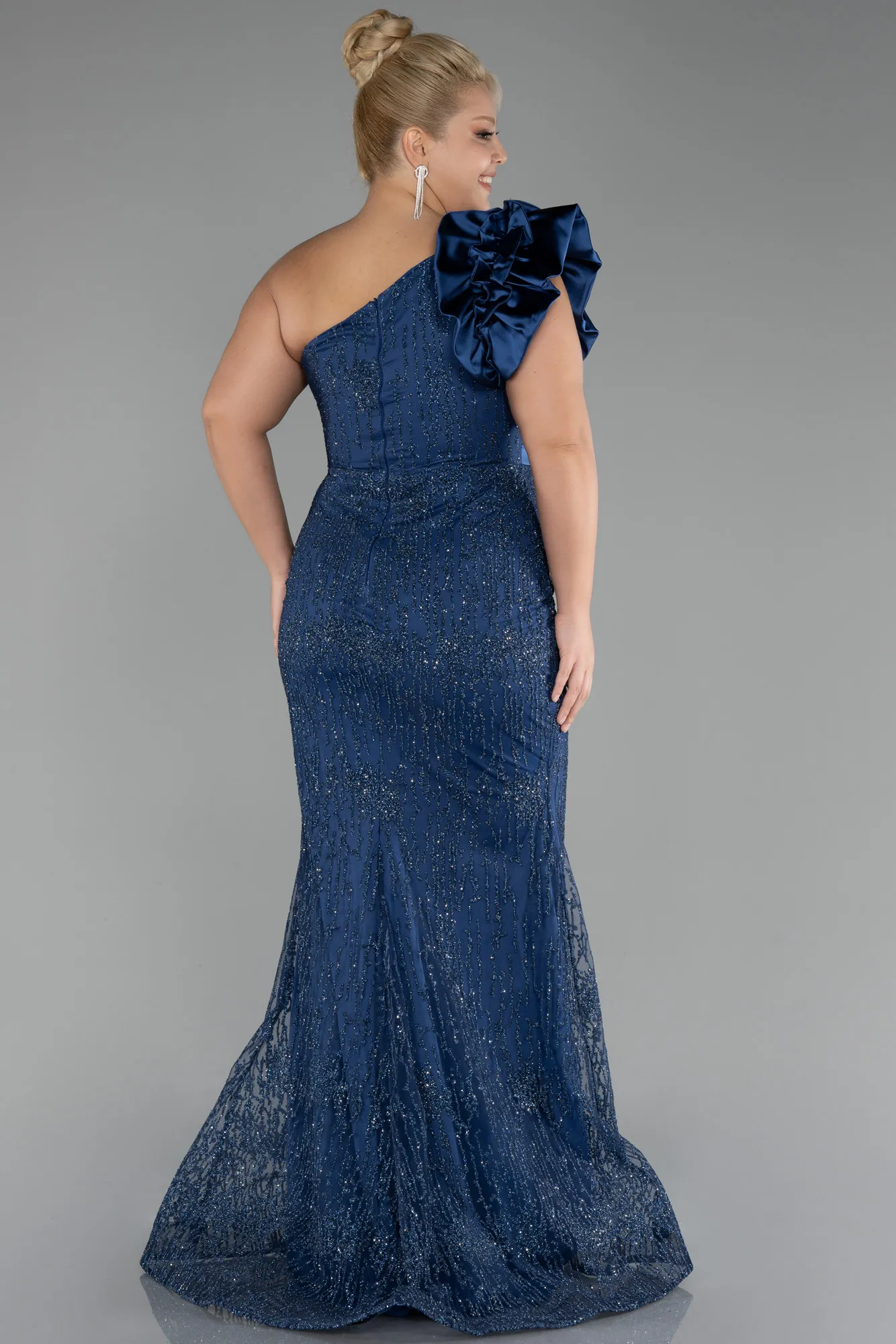 Navy Blue-One Shoulder Glitter Long Plus Size Evening Gown ABU4060