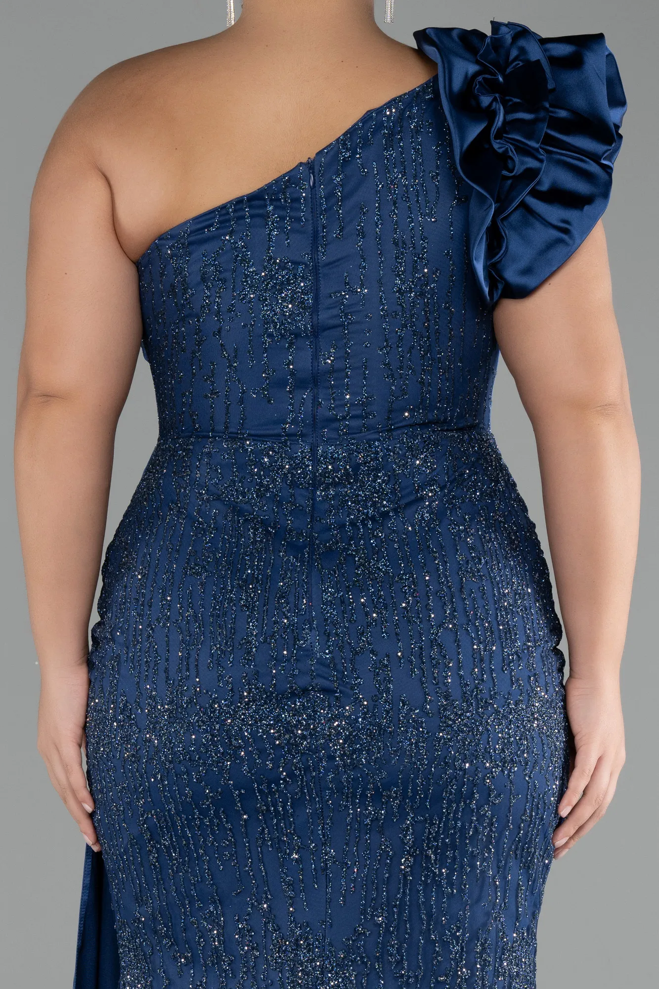 Navy Blue-One Shoulder Glitter Long Plus Size Evening Gown ABU4060