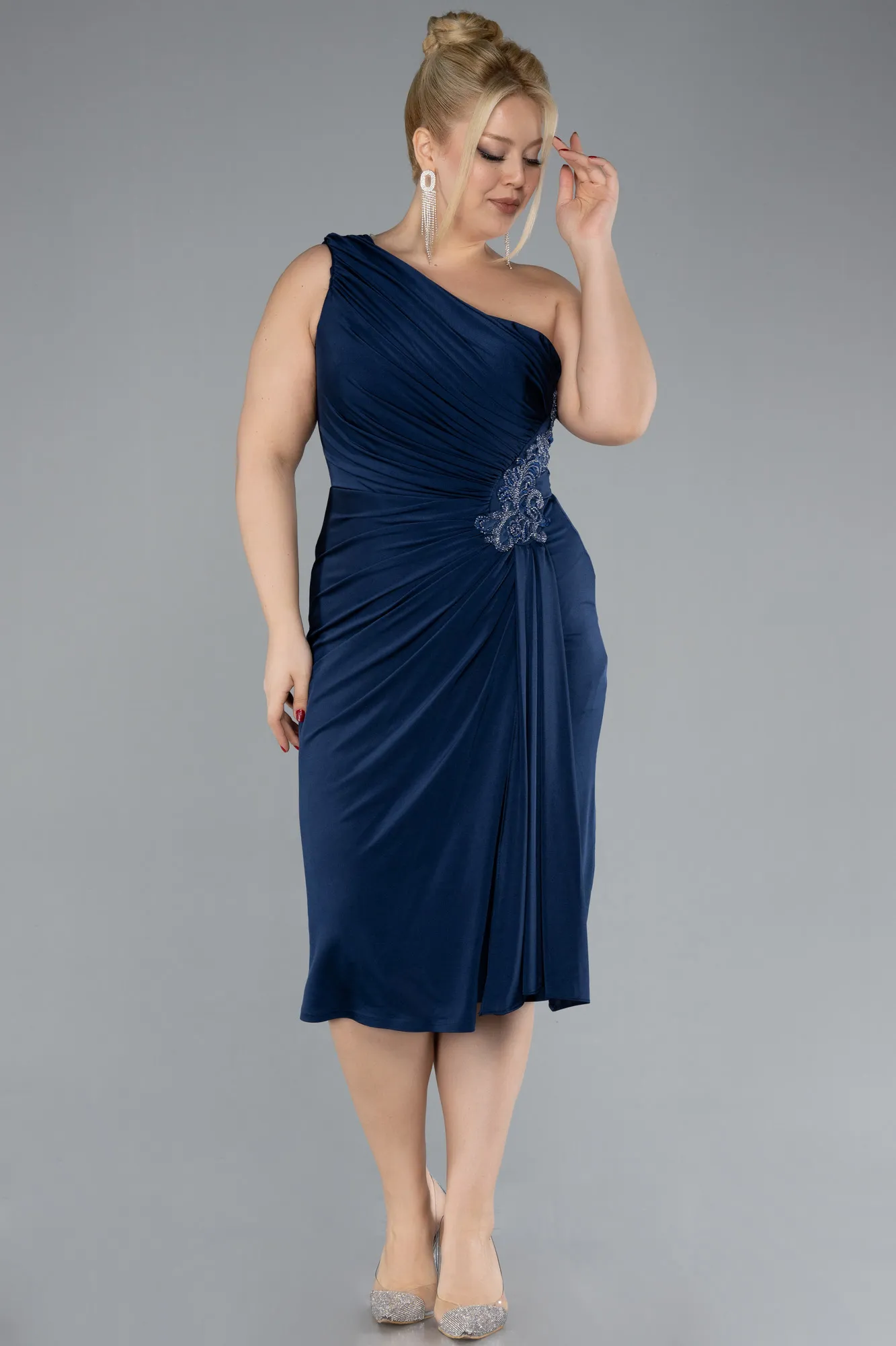 Navy Blue-One Shoulder Midi Plus Size Evening Dress ABK2196